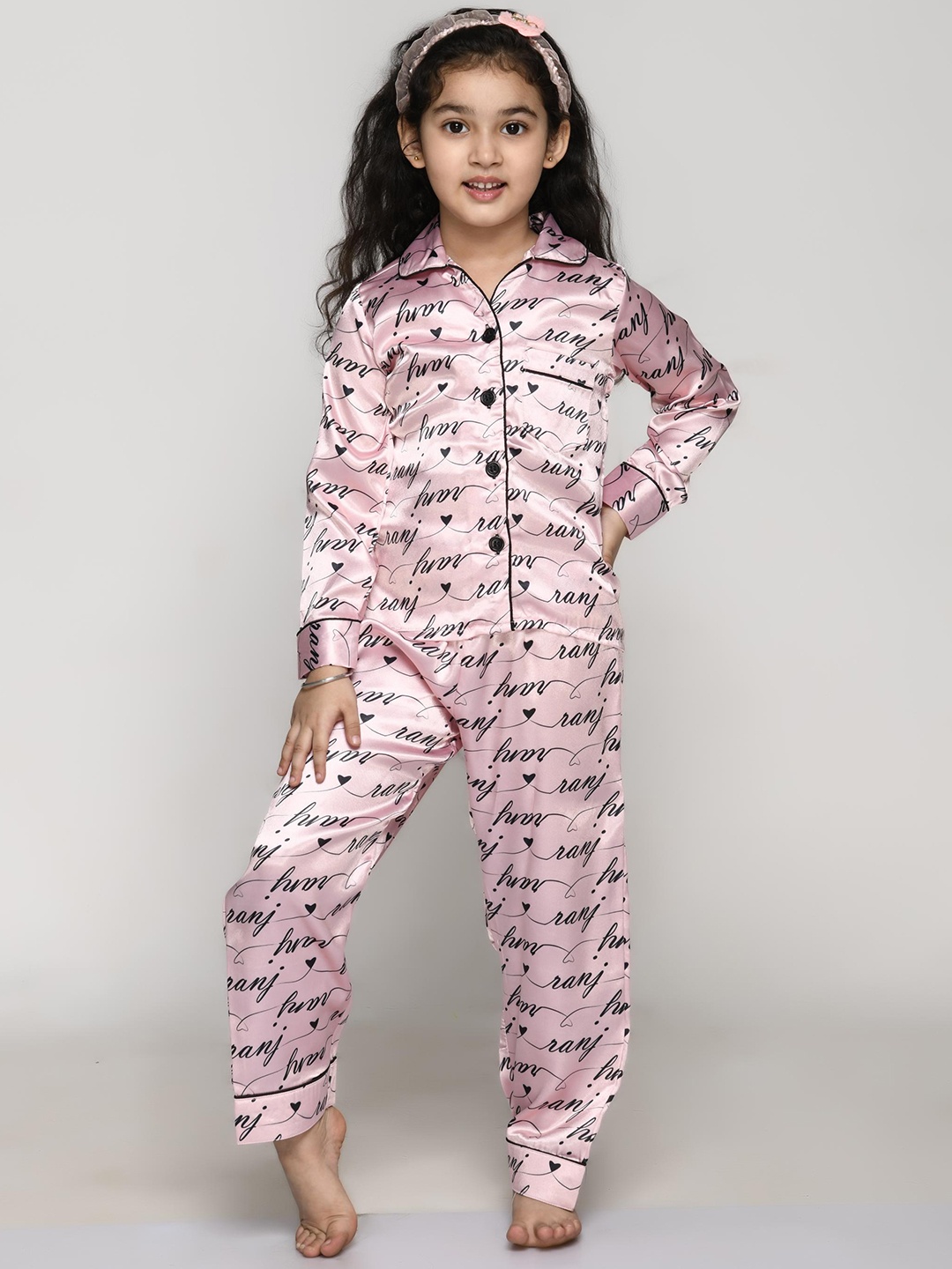 

BAESD Girls Typography Printed Satin Shirt With Pyjamas, Pink