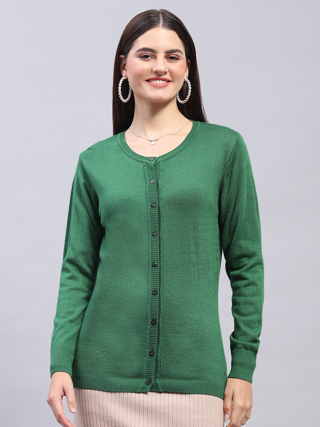 

Monte Carlo Round Neck Woollen Cardigan Sweater, Green