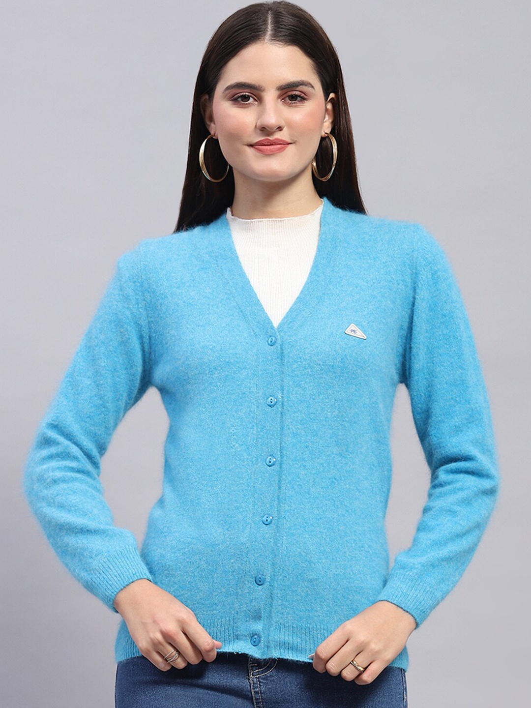 

Monte Carlo V-Neck Woollen Cardigan Sweater, Turquoise blue