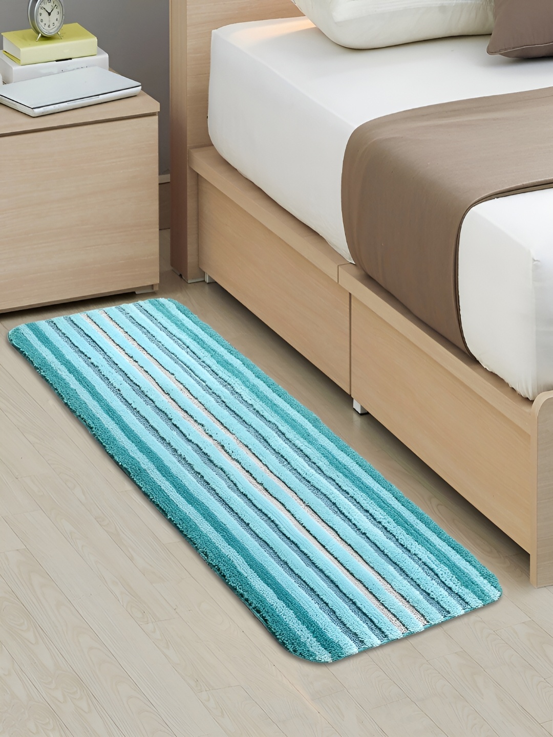 

Saral Home Blue & Beige Striped Microfiber Rectangle Floor Runner