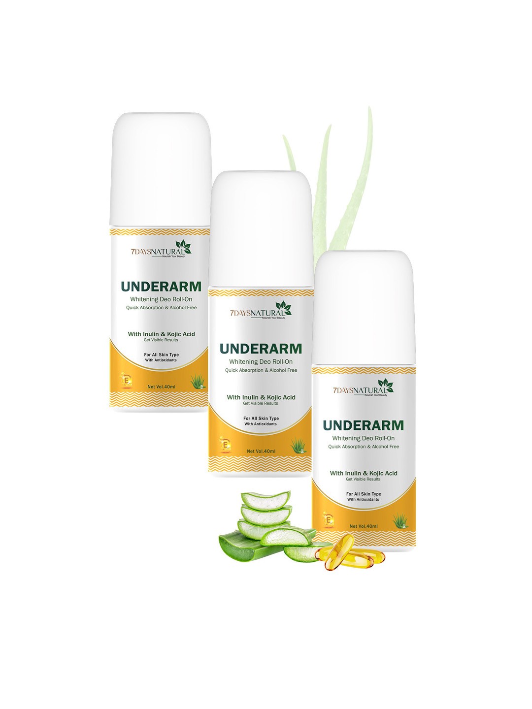 

7 DAYS Set of 3 Underarm Whitening Deo Roll Ons with Inulin - 40 ml Each, Yellow
