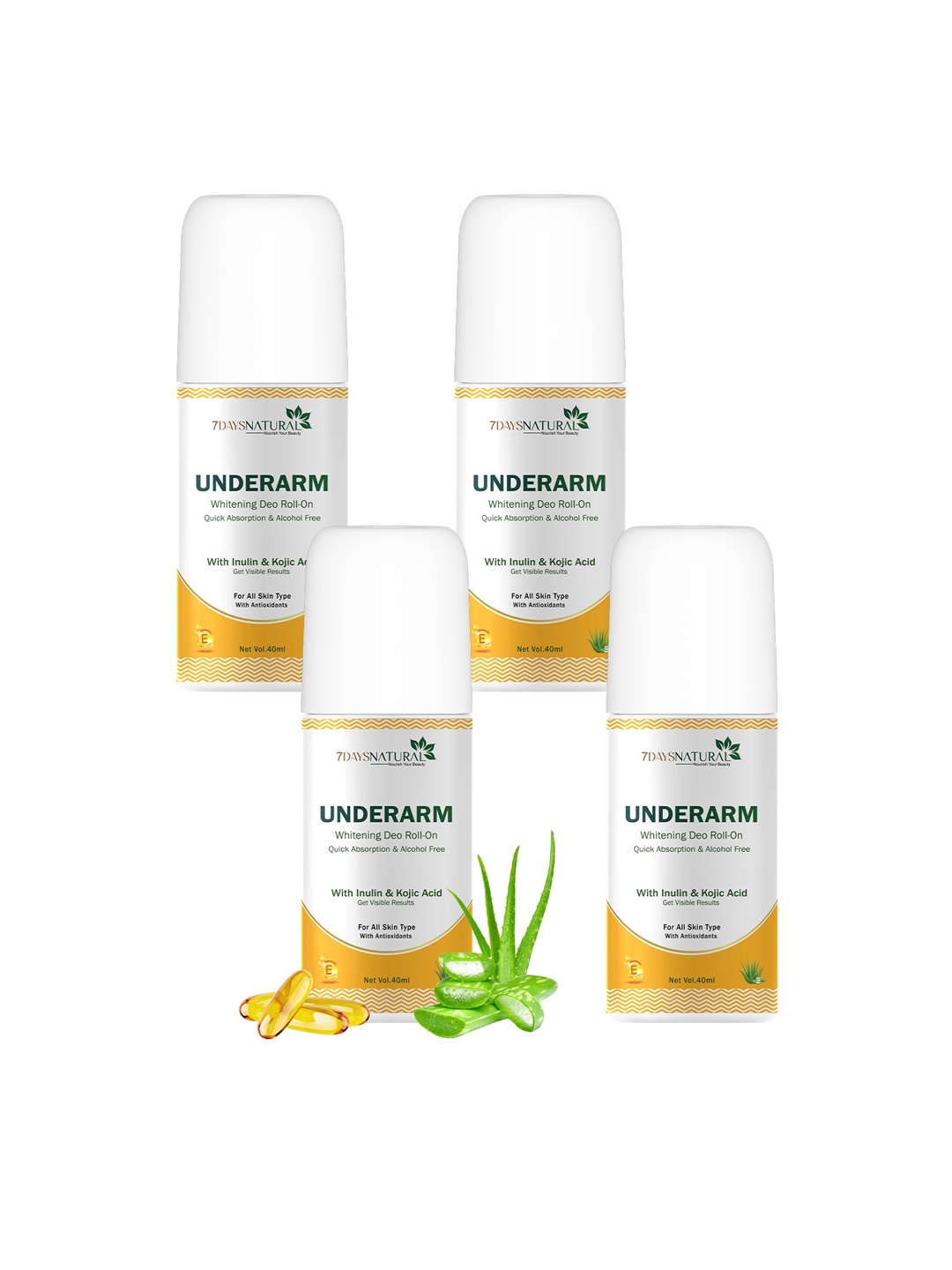 

7 DAYS Set of 4 Underarm Whitening Deo Roll Ons with Inulin - 40 ml Each, Yellow