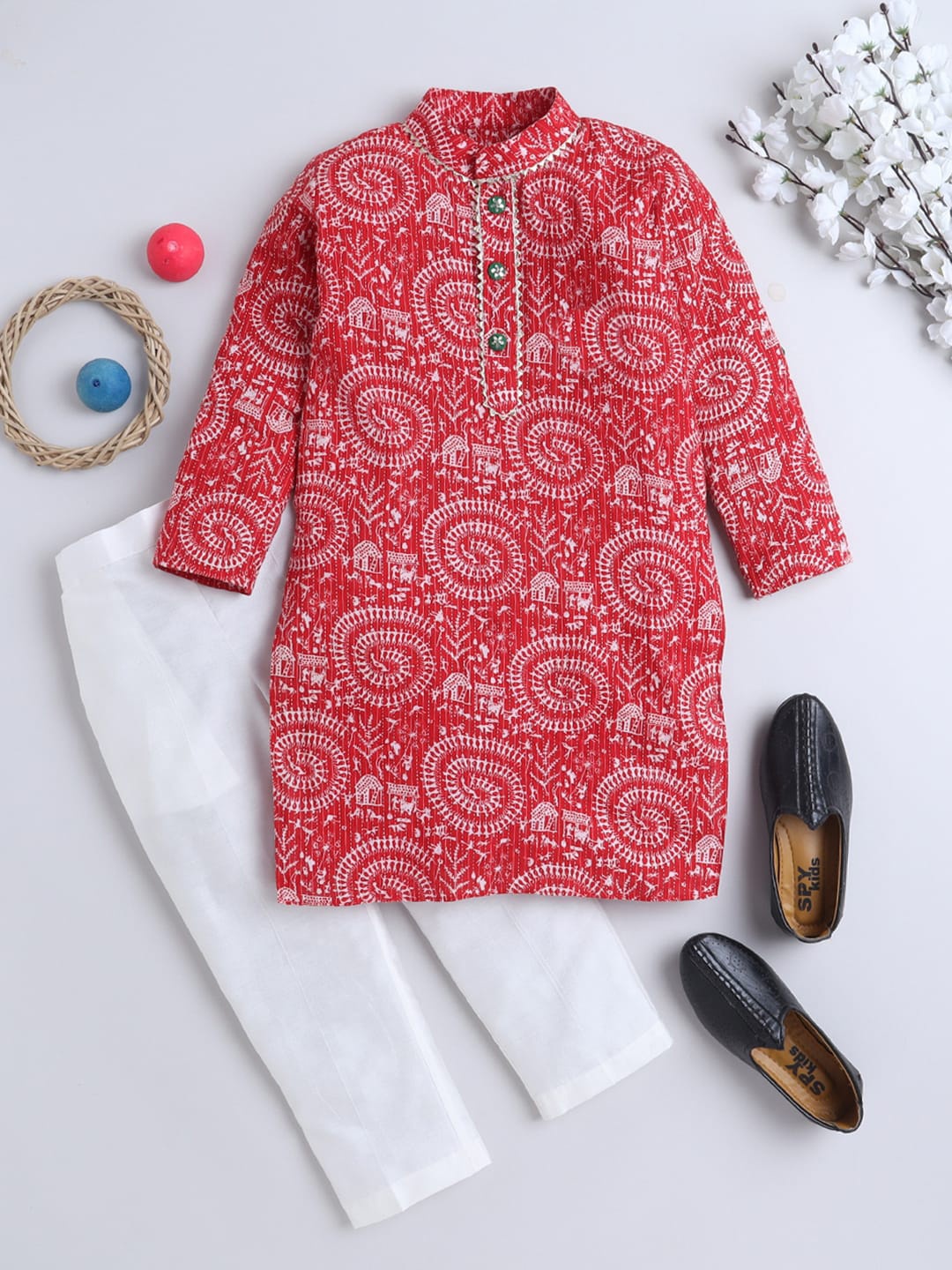 

BAESD Boys Ethnic Motifs Printed Kantha Work Pure Cotton Straight Kurta With Pyjama, Red