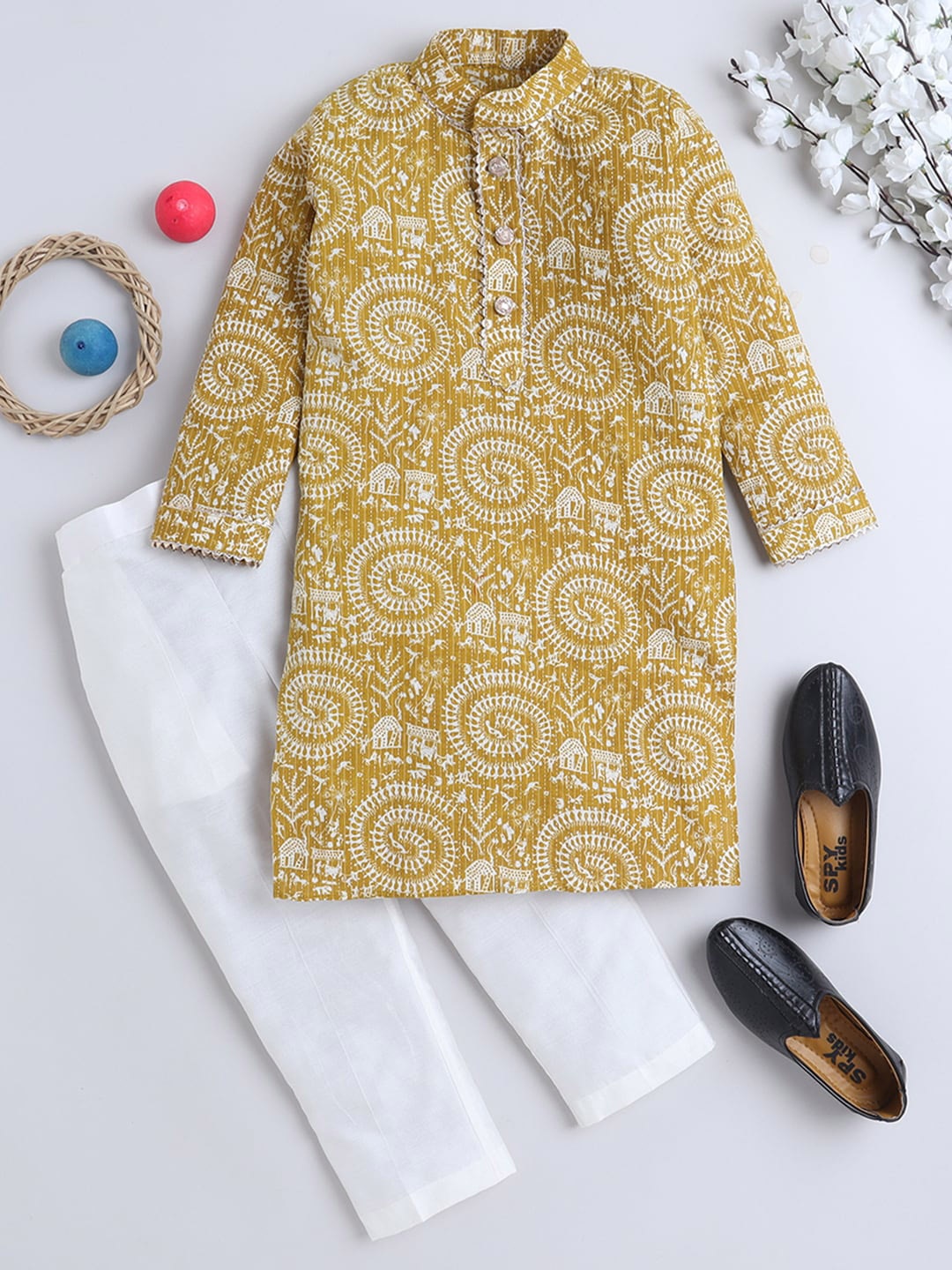 

BAESD Boys Ethnic Motifs Embroidered Kantha Work Pure Cotton Kurta With Pyjama, Mustard