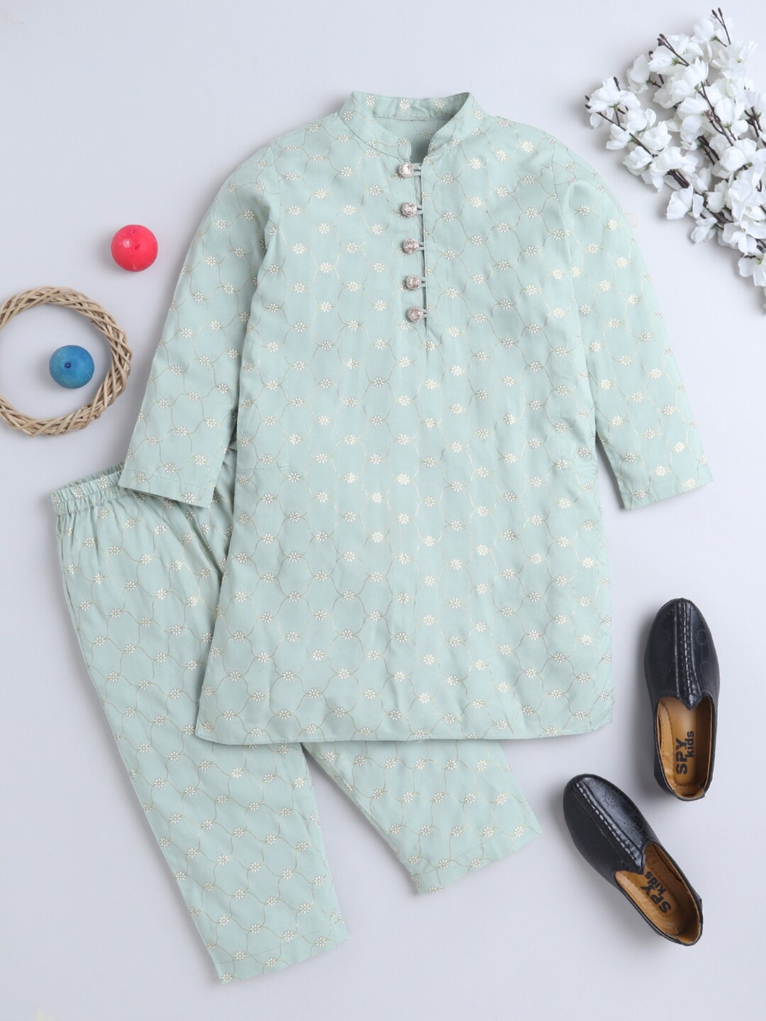 

BAESD Girls Floral Printed Mandarin Collar Straight Kurta Sharara Set, Green