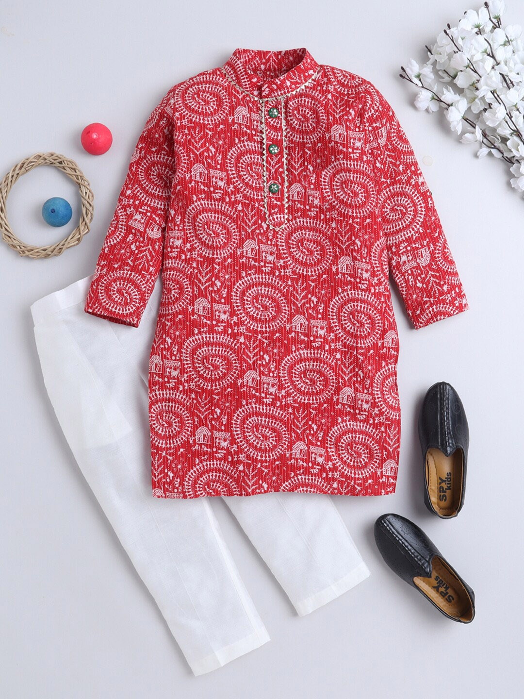 

BAESD Girls Ethnic Motifs Printed Mandarin Collar Pure Cotton Kurta with Pyjamas, Red