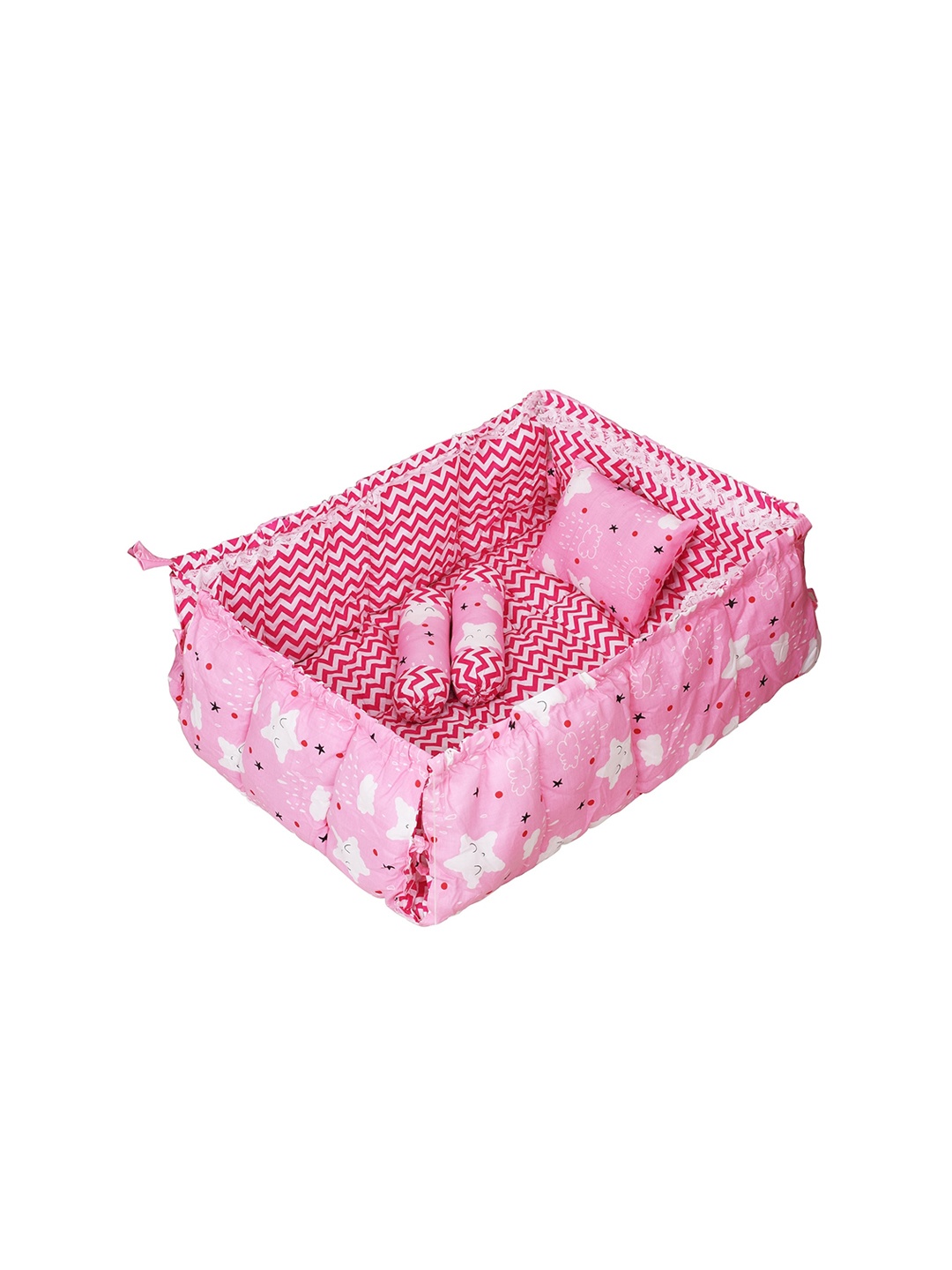 

LOREM Infants Set Of 3 Pillows & Square Shape Reversible Cotton Baby Bed Set, Pink