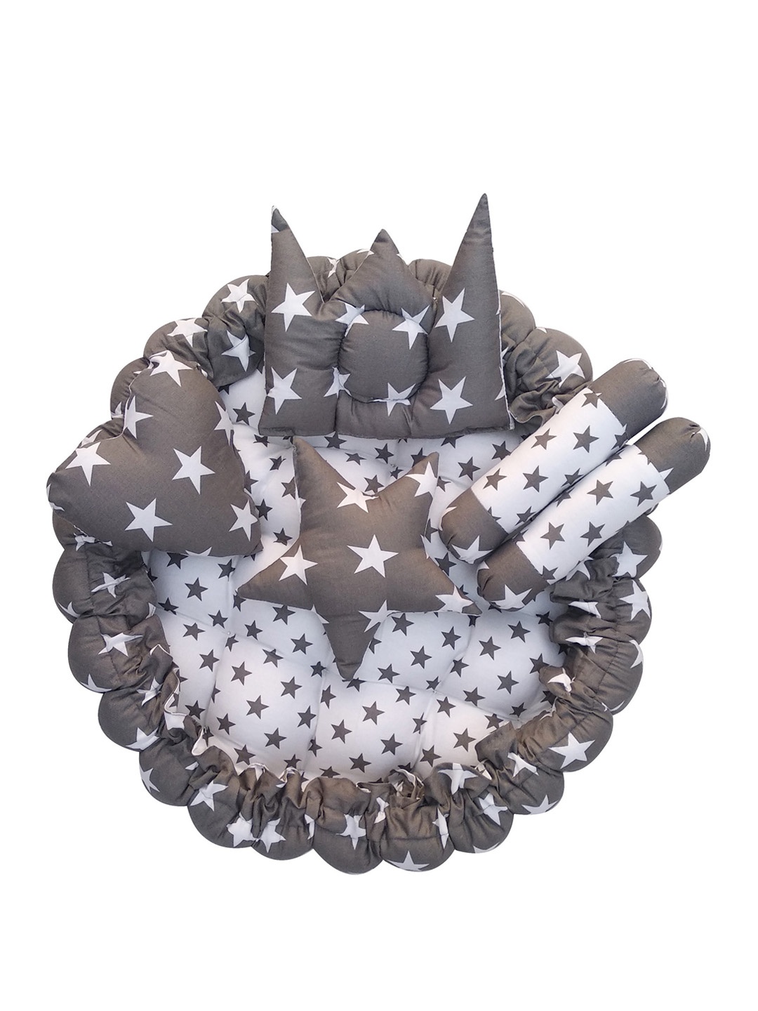 

LOREM Infants Grey Printed 5 Pillows & Round Shape Cotton Baby Bed Set