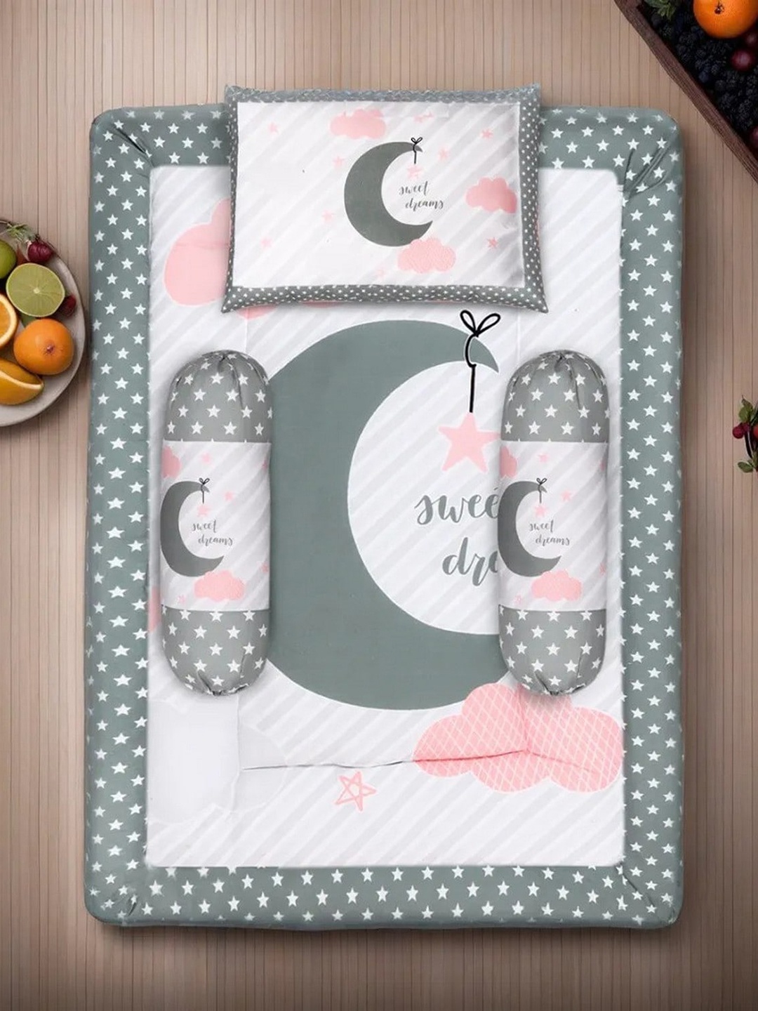 

LOREM Infants Printed Cotton 3 Pillows & Rectangle Shape Moon Cotton Bed Set, Grey melange