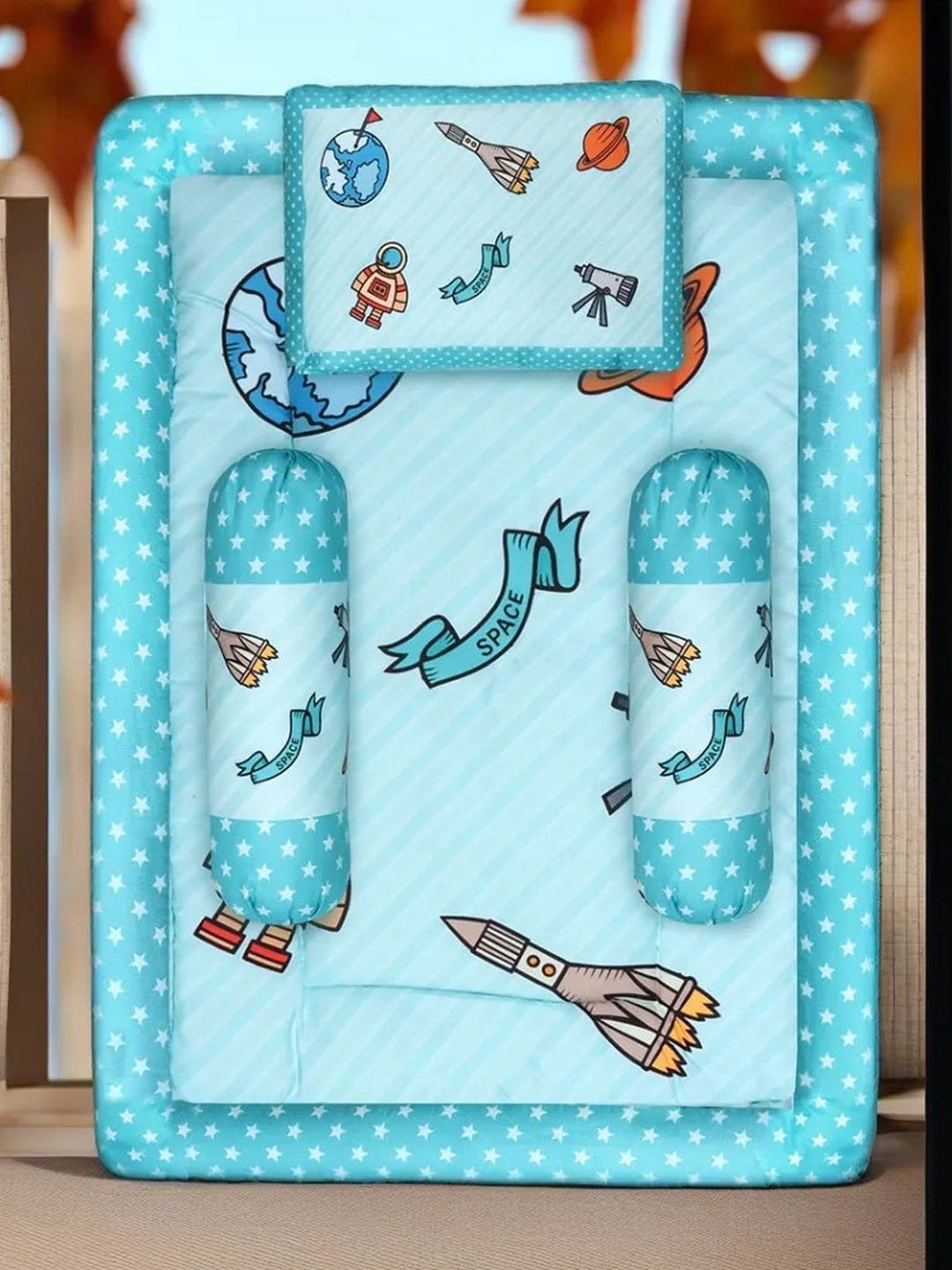 

LOREM Infants Blue Printed Cotton Baby Bed Set