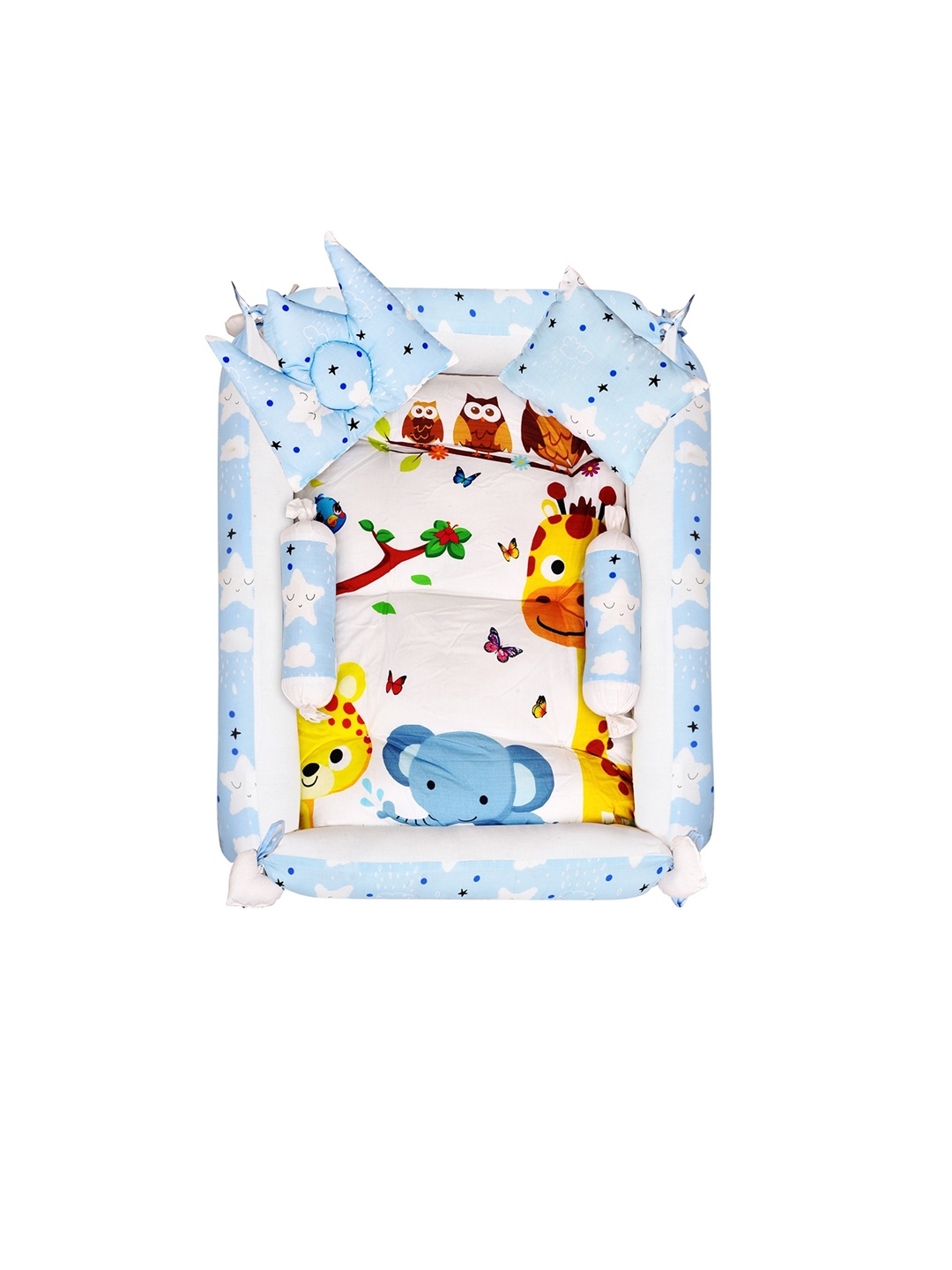 

LOREM Infants Blue Graphic Printed Reversible Cotton Baby Bed Set