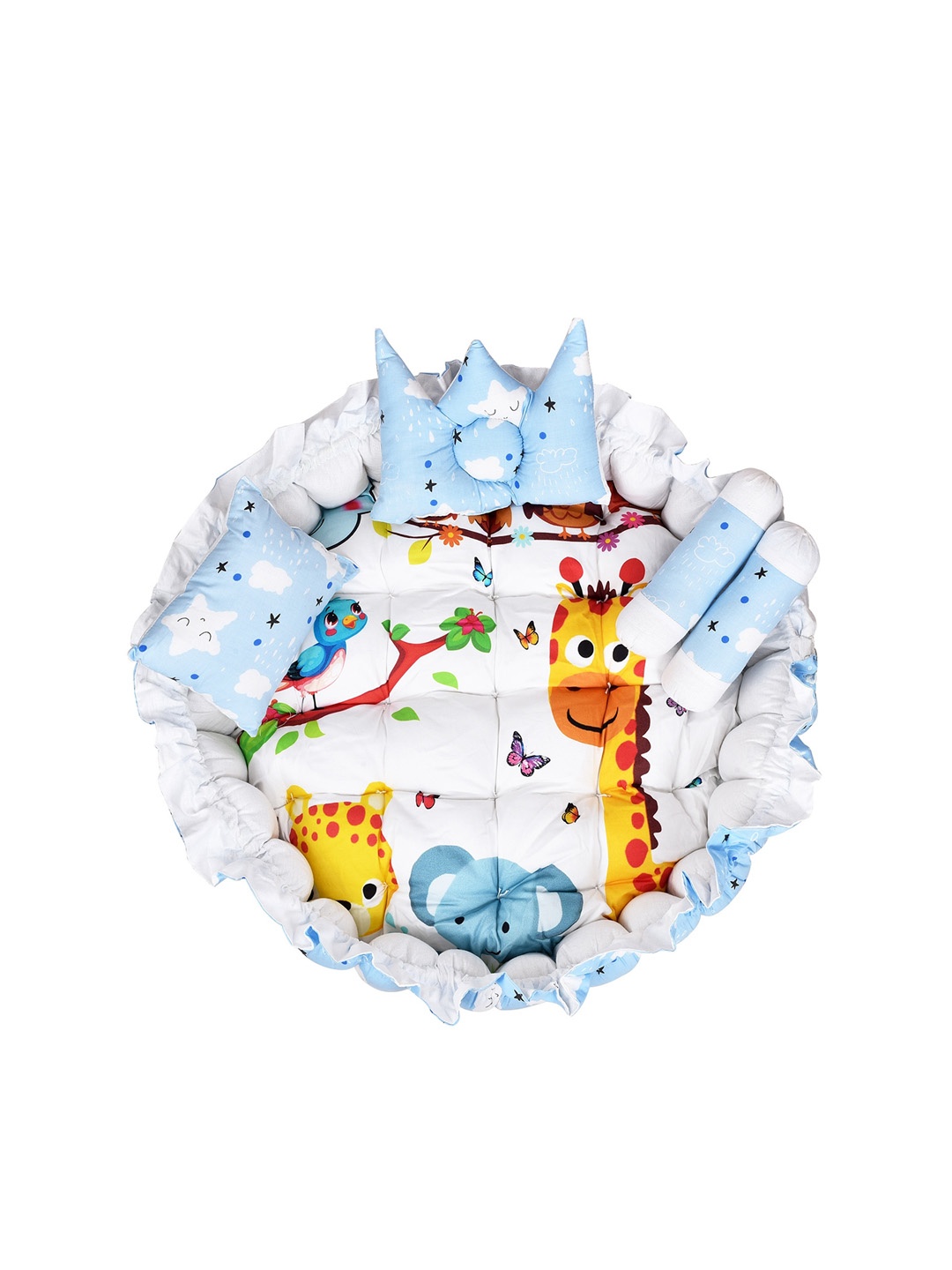 

LOREM Infants Graphic Print Set Of 4 Pillow & Round Shape Reversible Cotton Baby Bed sets, Blue