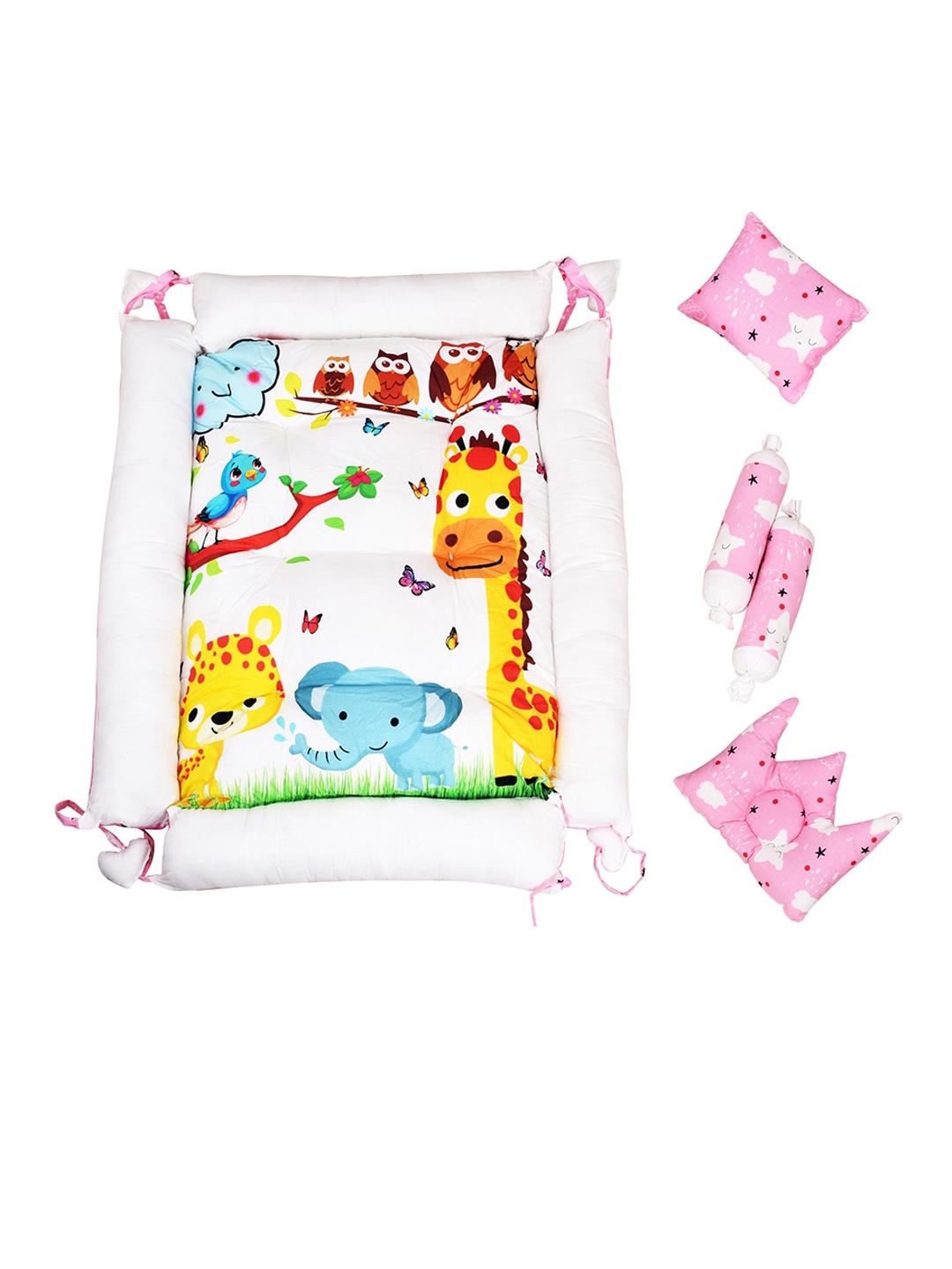 

LOREM Infants Printed Cotton Foldable 4 Pillows & Square Shape Bed Set, Pink