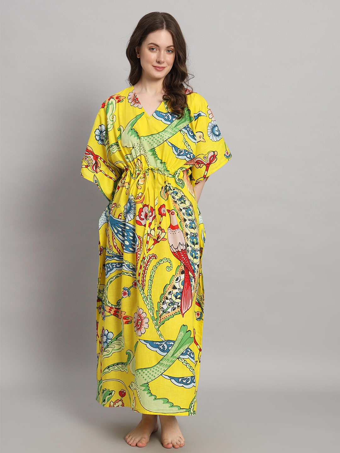 

HANDICRAFT PALACE Printed Maxi Pure Cotton Kaftan Nightdress, Yellow