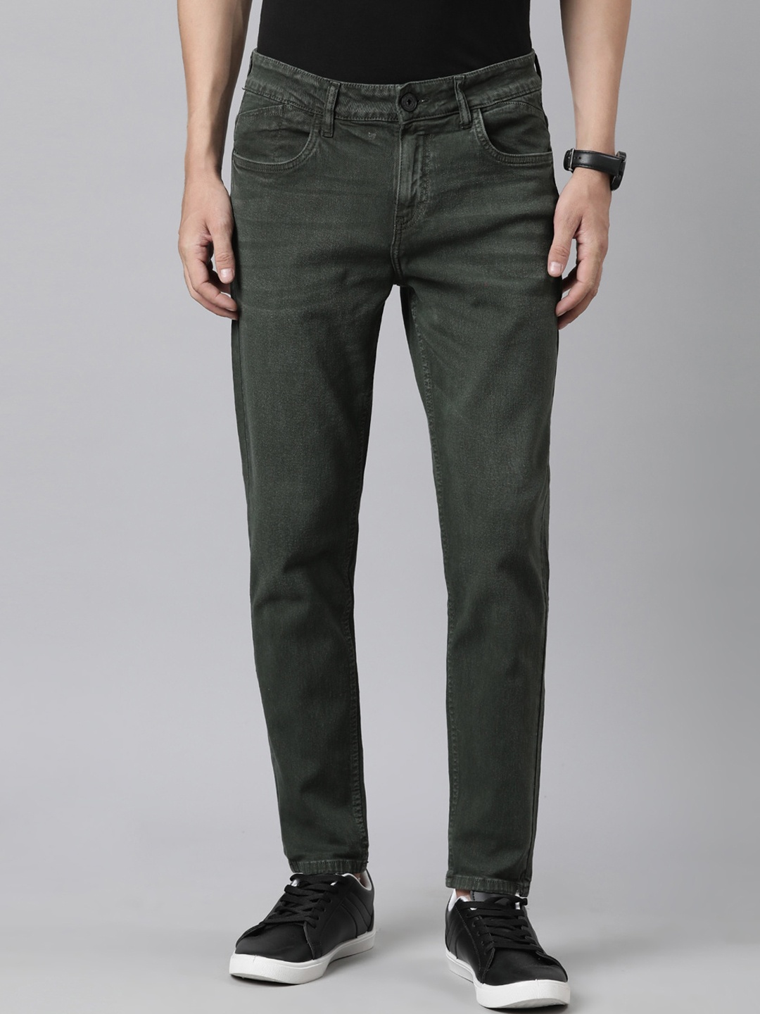 

Mast & Harbour Men Olive Green Tapered Fit Light Fade Stretchable Jeans