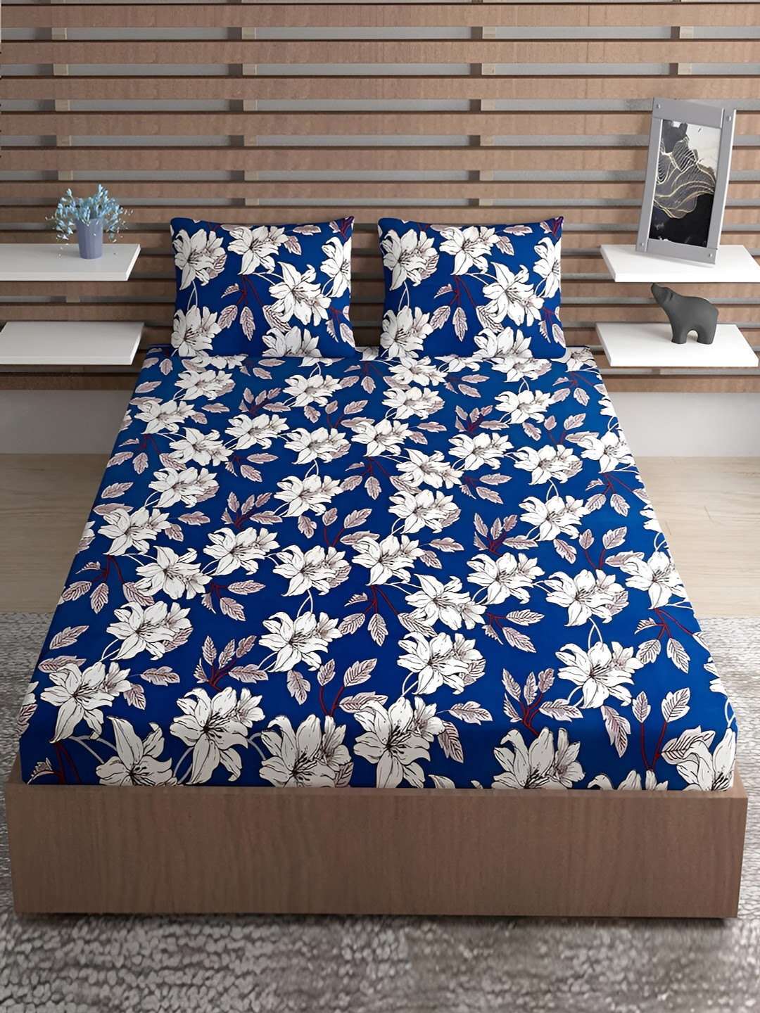 

Lunar Days Blue Floral Queen Bedsheet with 2 Pillow Covers