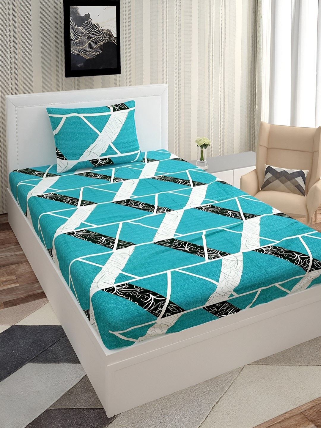 

Lunar Days Turquoise Blue Floral 200 TC Single Bedsheet with 1 Pillow Covers