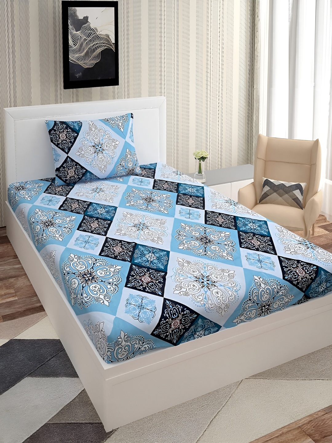 

Lunar Days Blue Floral 140 TC Single Bedsheet with 1 Pillow Covers