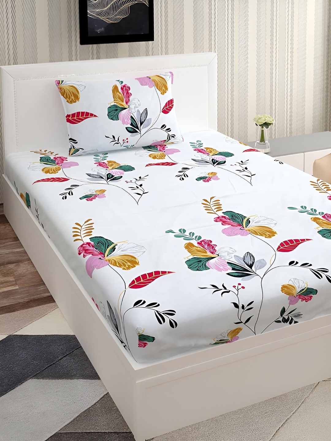 

Lunar Days White Floral 200 TC Single Bedsheet with 1 Pillow Covers