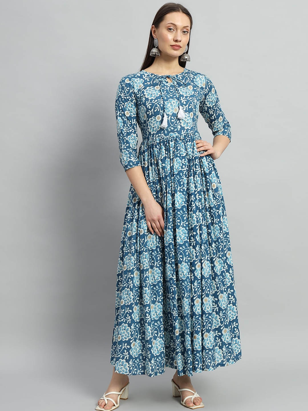 Gujari Floral Printed Pure Cotton Anarkali Kurta, Blue
