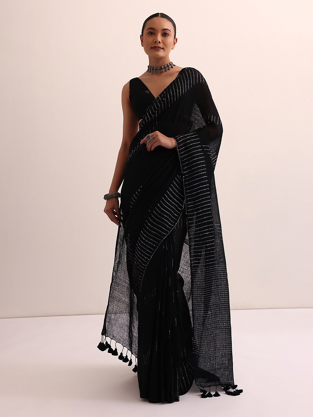 

KALKI Fashion Sequinned Thread Work Saree, Black
