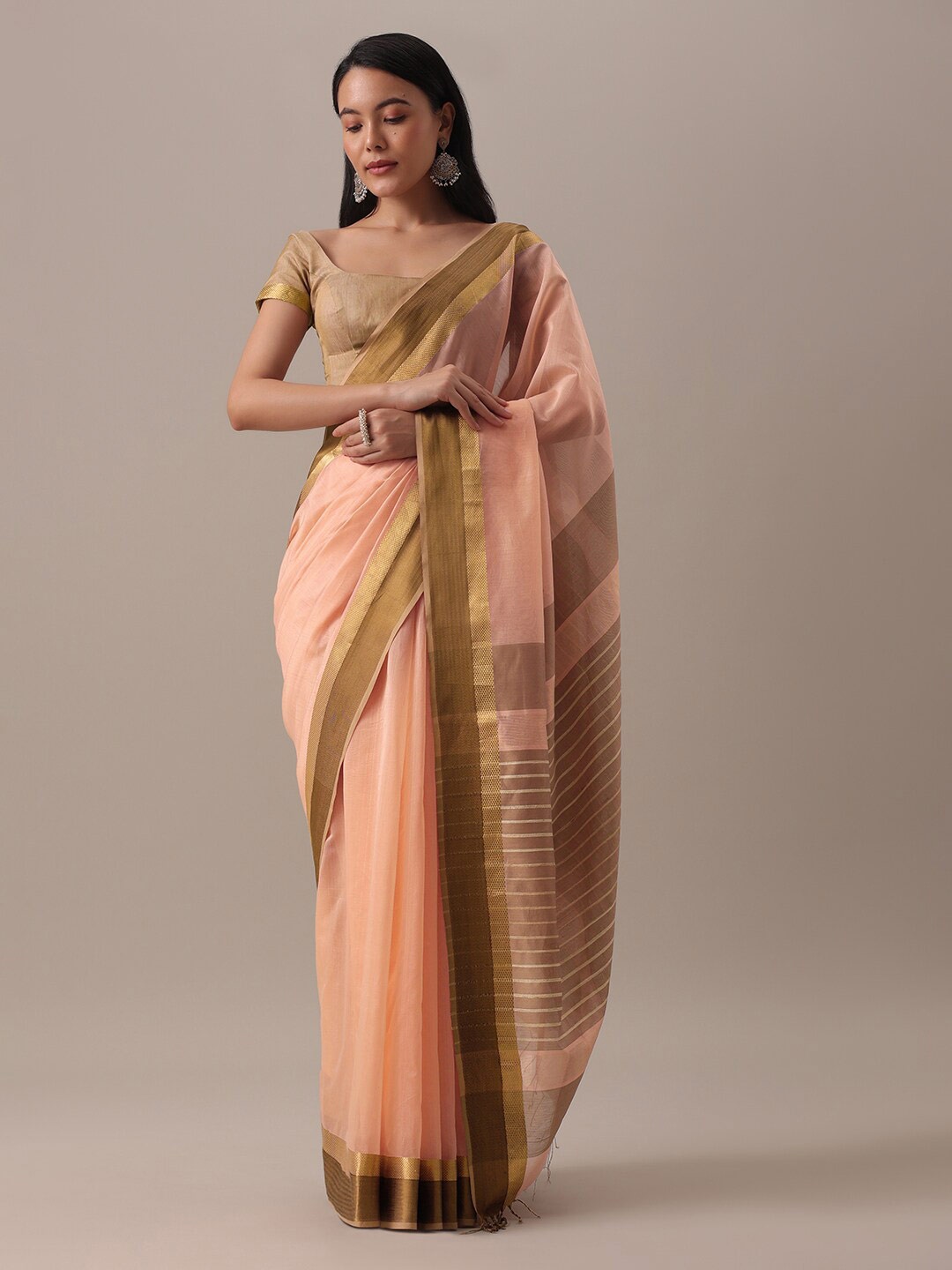 

KALKI Fashion Zari Silk Cotton Saree, Peach