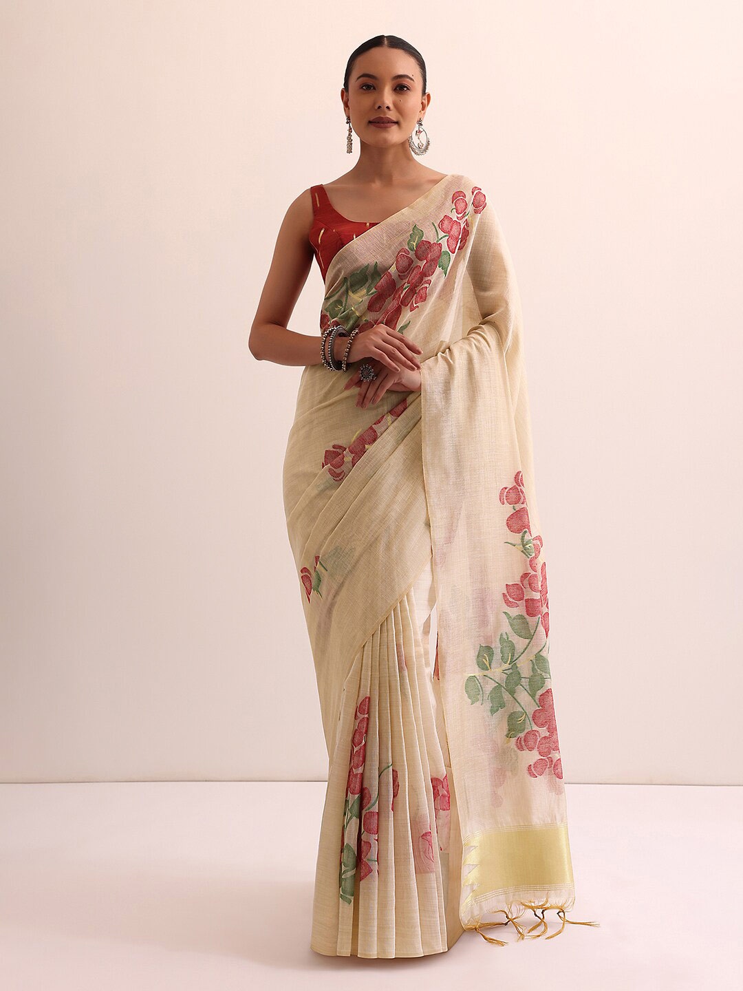 

KALKI Fashion Floral Woven Design Cotton Linen Saree, Beige