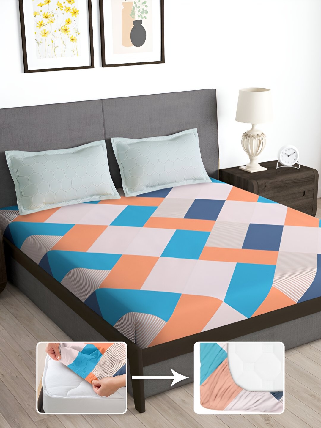 

Story@home Orange & Blue Geometric 180 TC Fitted Queen Bedsheet with 2 Pillow Covers