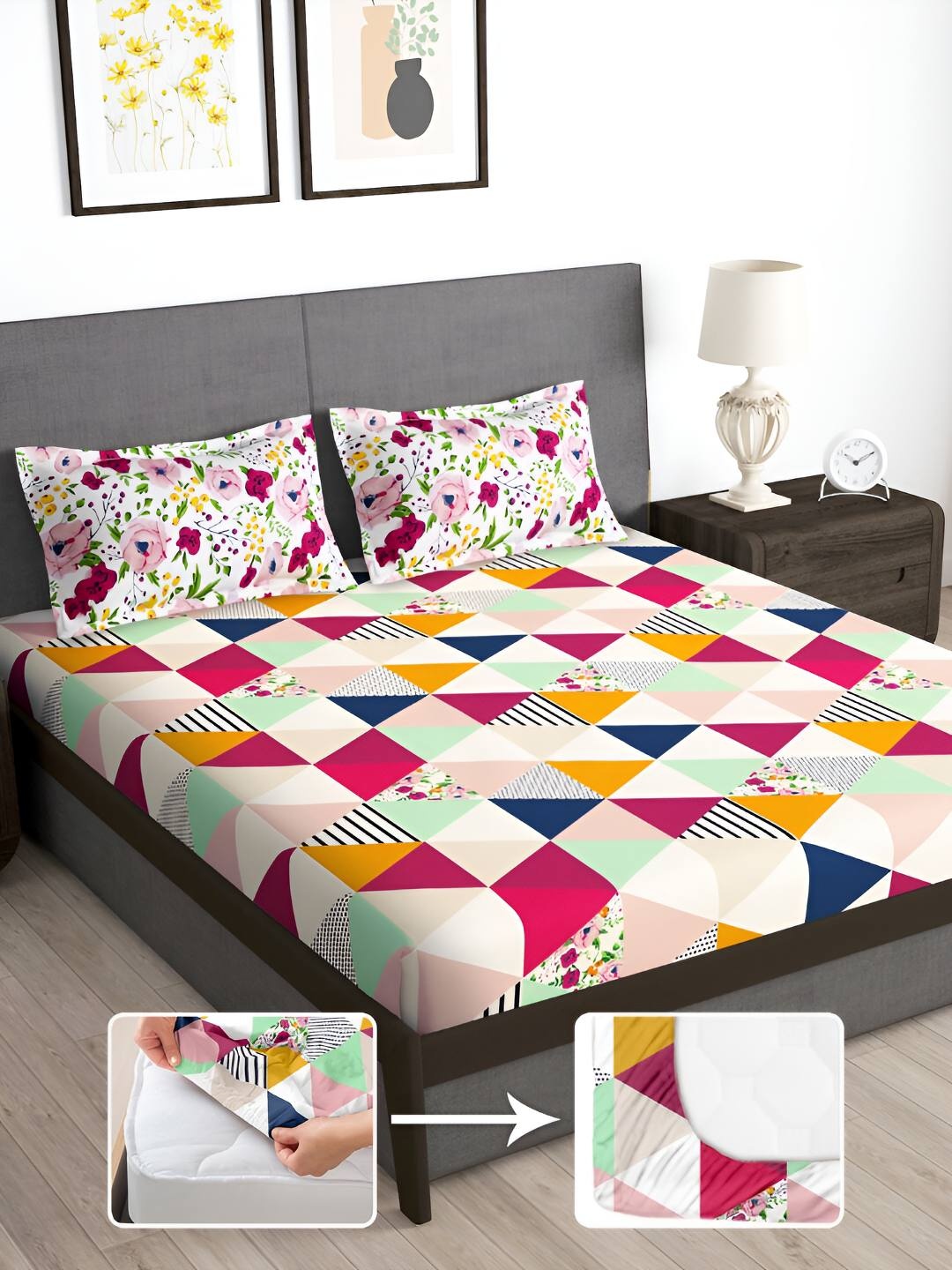

Story@home Peach & White Geometric 180 TC Fitted Queen Bedsheet with 2 Pillow Covers