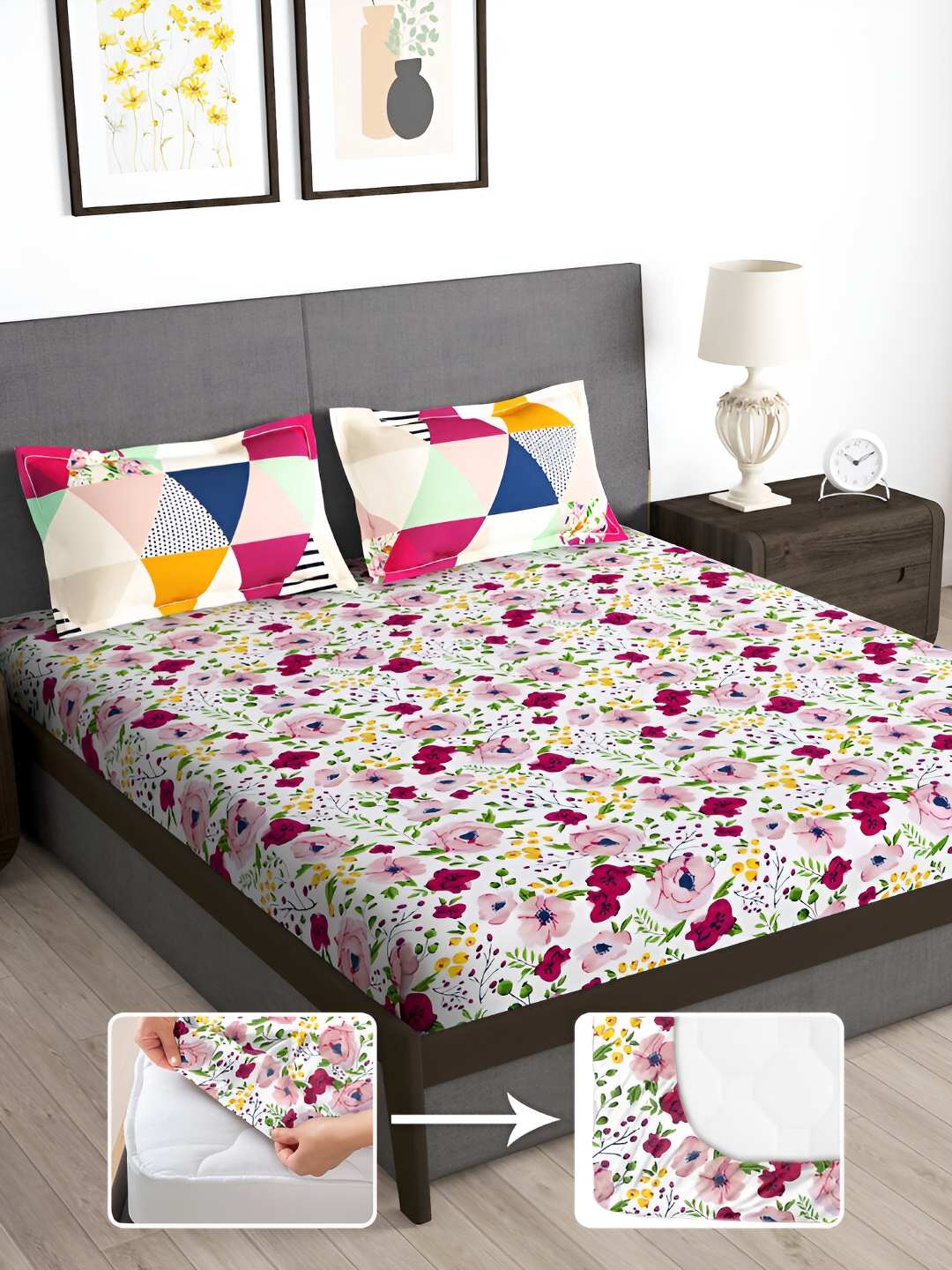 

Story@home Pink & White Floral 180 TC Fitted Queen Bedsheet with 2 Pillow Covers