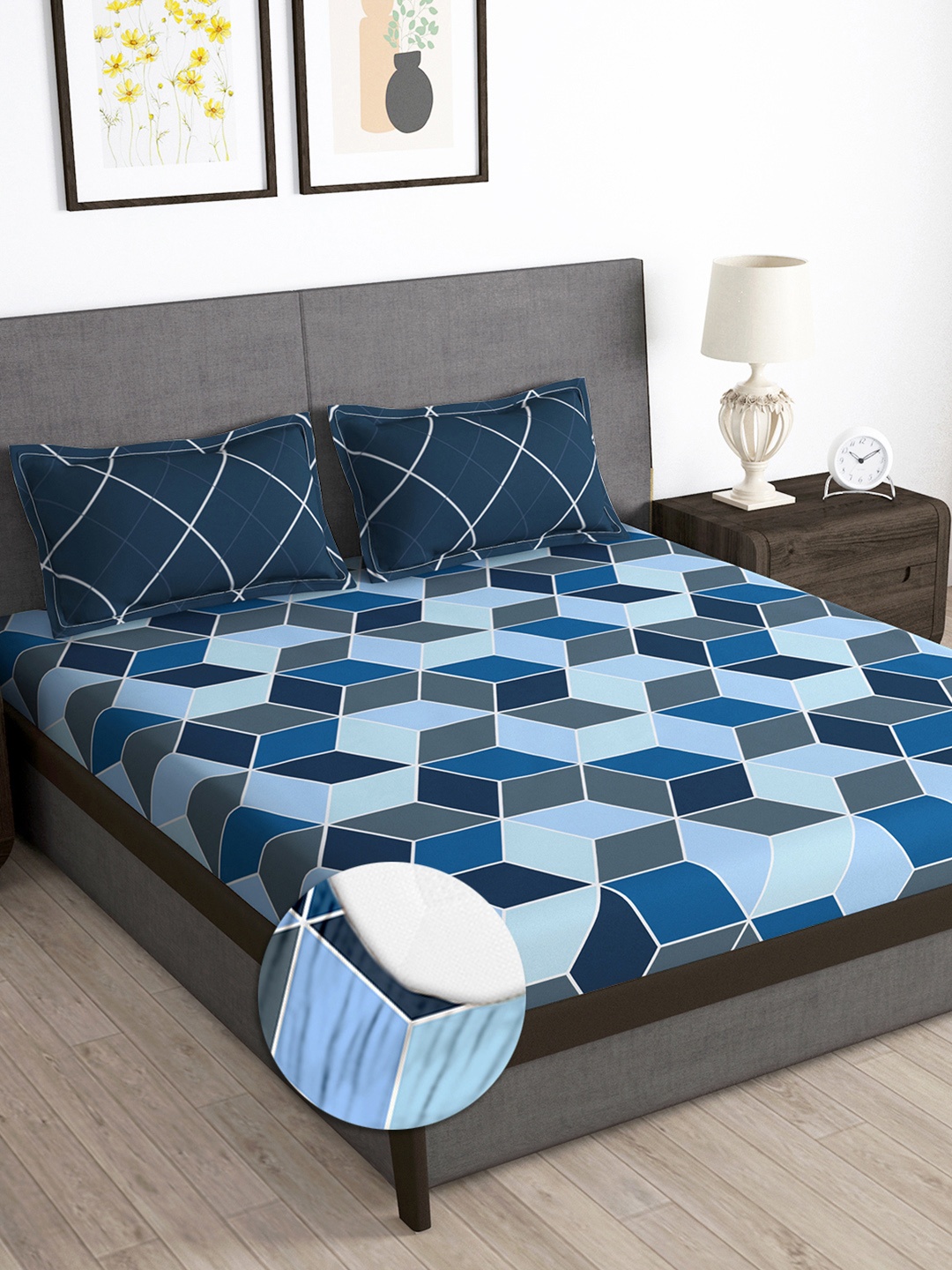 

Story@home Blue Geometric Microfiber 180 TC Fitted Queen Bedsheet With 2 Pillow Covers