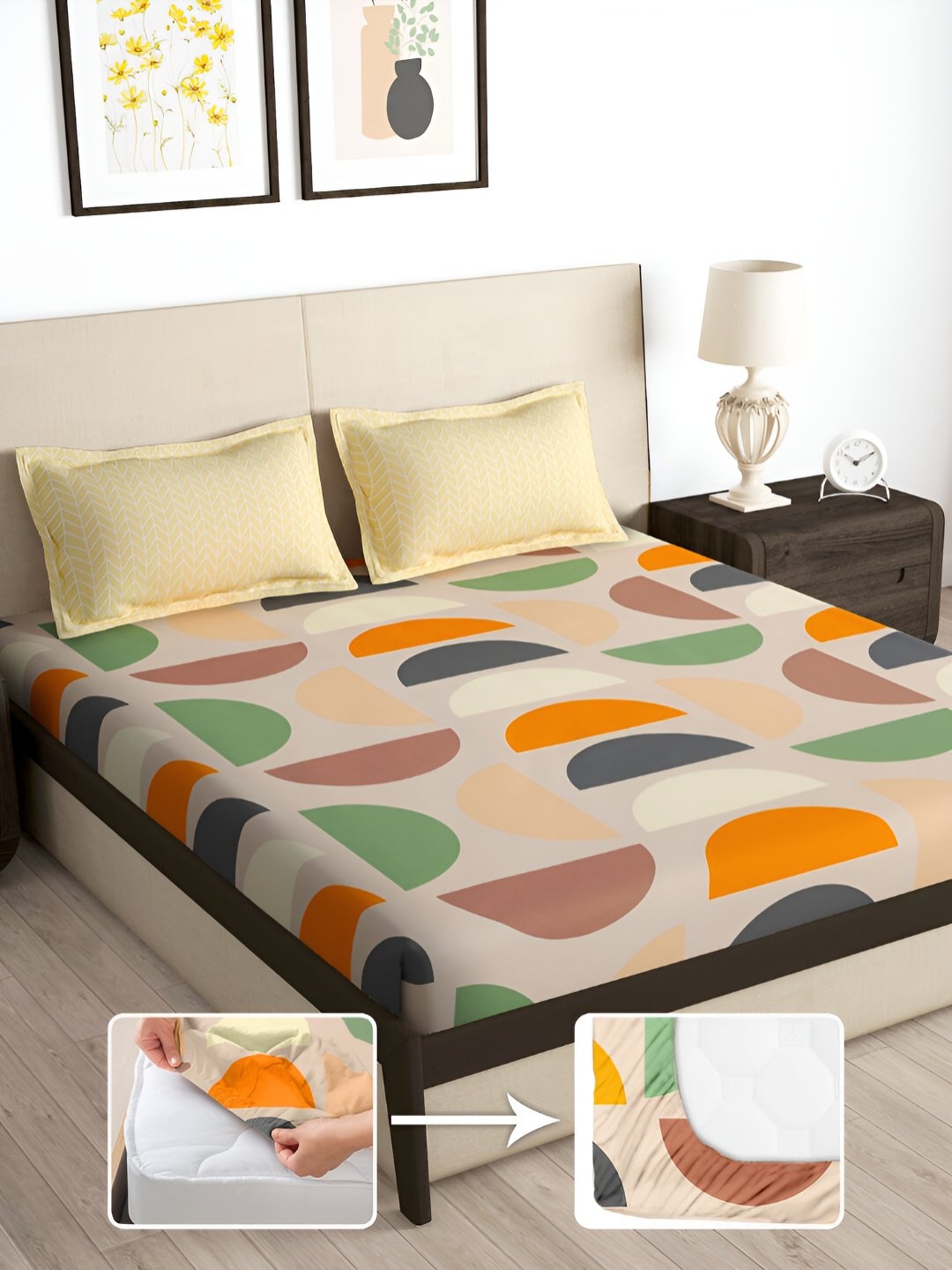 

Story@home Cream & Green Geometric 180 TC Fitted King Bedsheet with 2 Pillow Covers