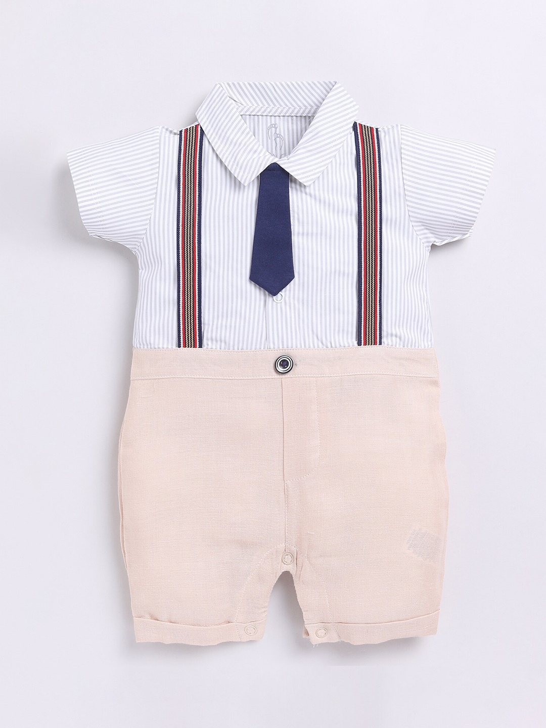 

BABY GO Infant Boys Striped Shirt Style Pure Cotton Romper, Beige