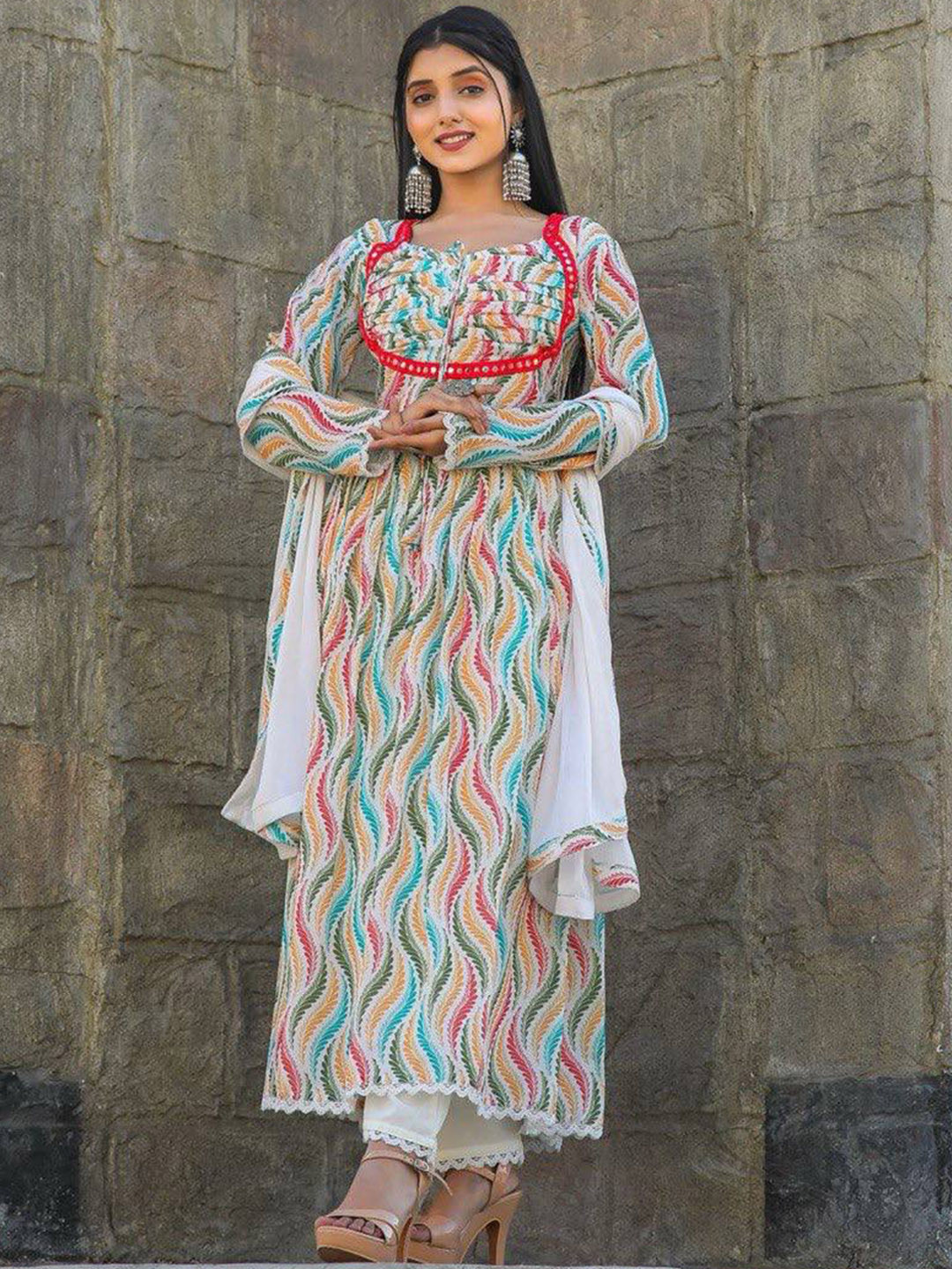 

SWAADHI Printed Pleated Mirror Work Anarkali Kurta with Trouser & Dupatta, Blue