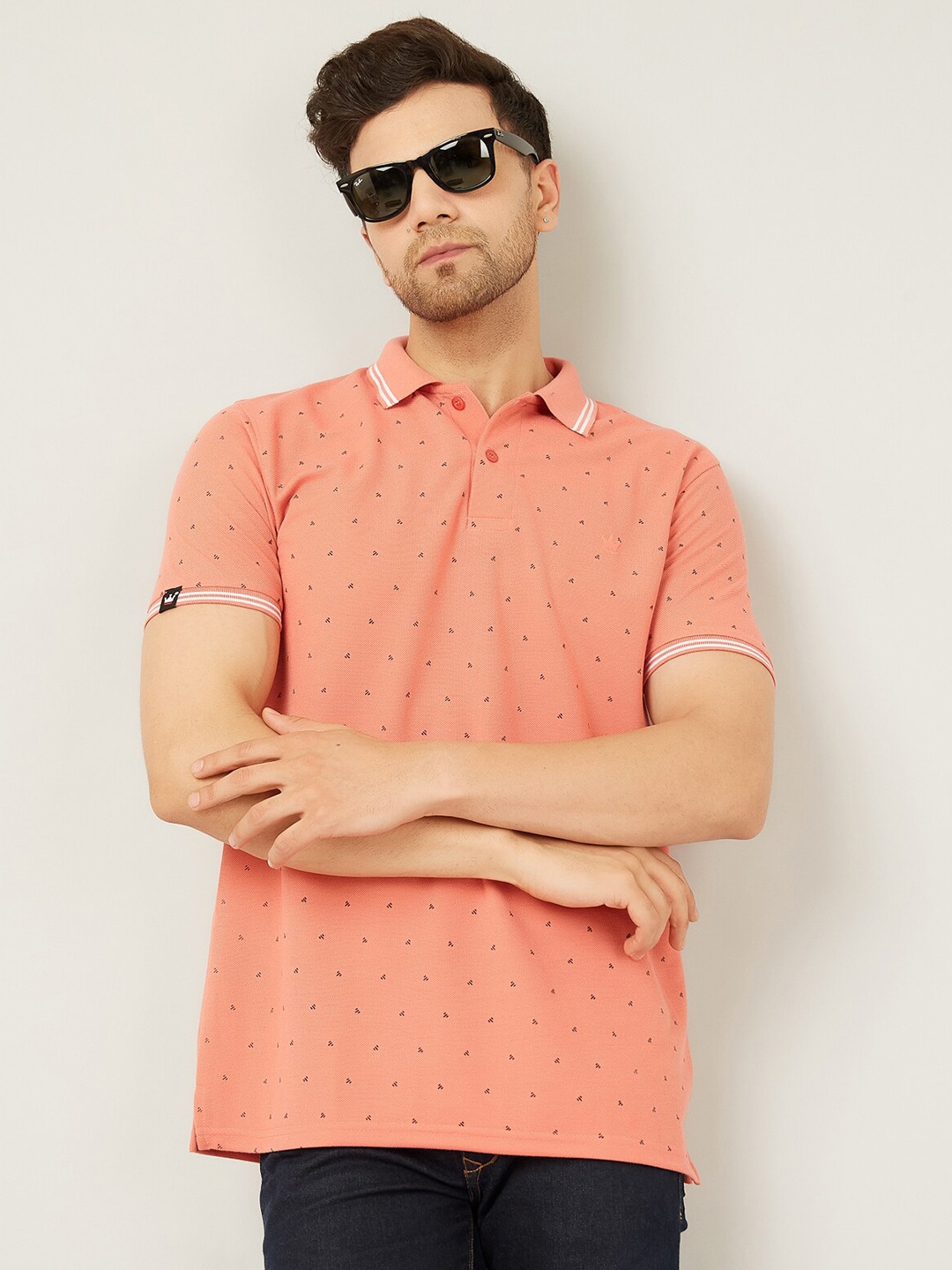 

LOUIS MONARCH Polka Dots Printed Polo Collar Cotton Knitted Applique T-shirt, Peach