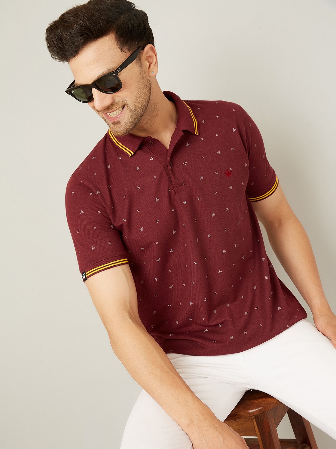 

LOUIS MONARCH Men Printed Polo Collar Pockets T-shirt, Maroon