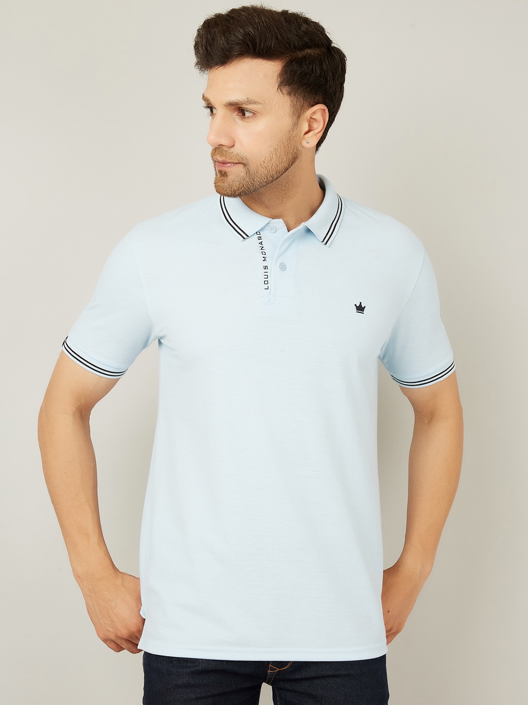 

LOUIS MONARCH Men Polo Collar Applique T-shirt, Blue