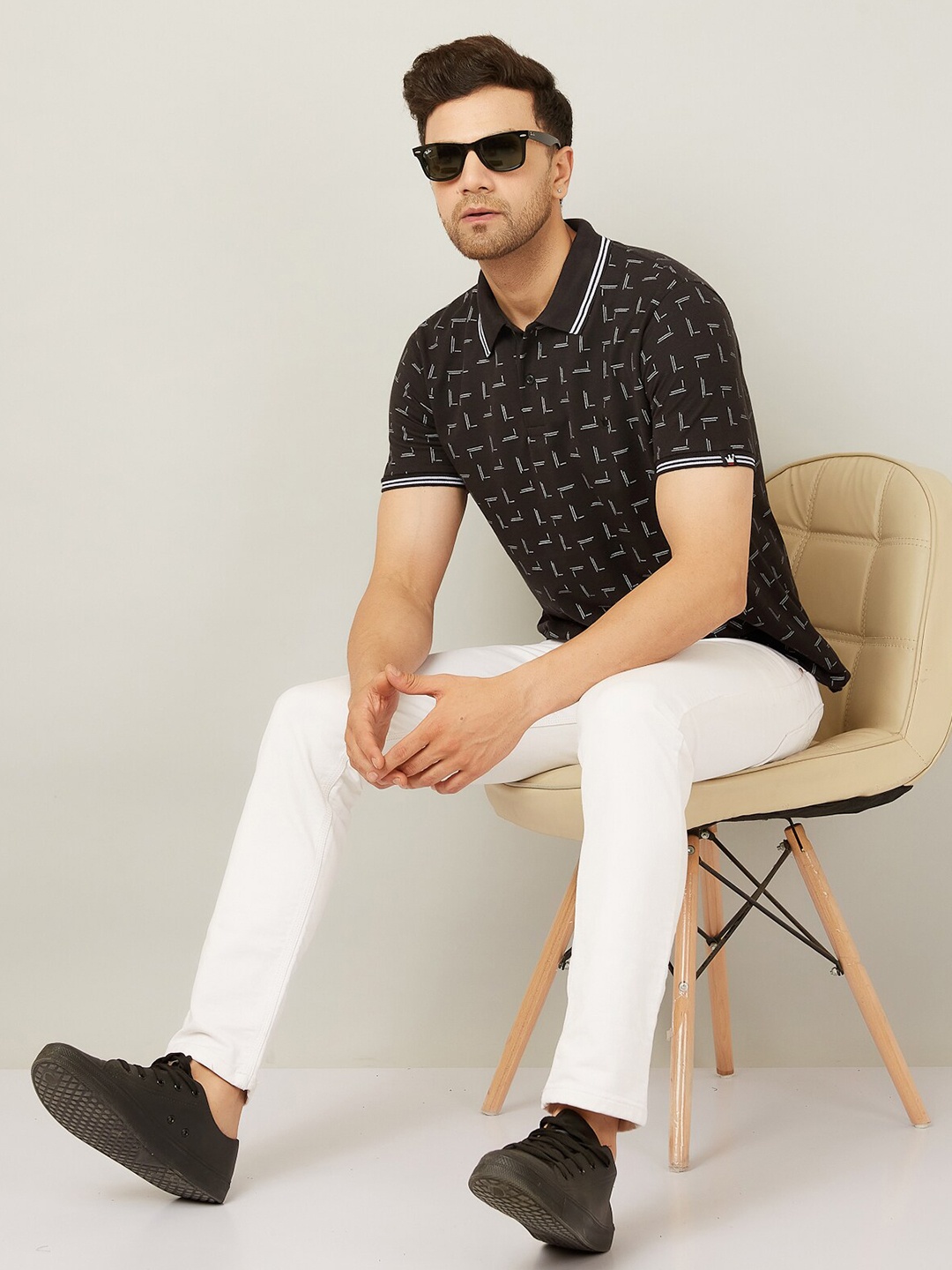

LOUIS MONARCH Men Printed Polo Collar Pockets T-shirt, Black