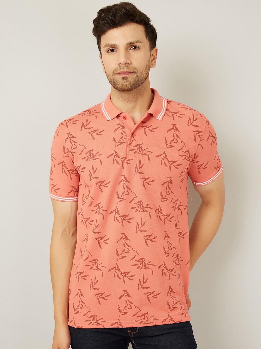 

LOUIS MONARCH Men Typography Printed Polo Collar Pockets T-shirt, Peach