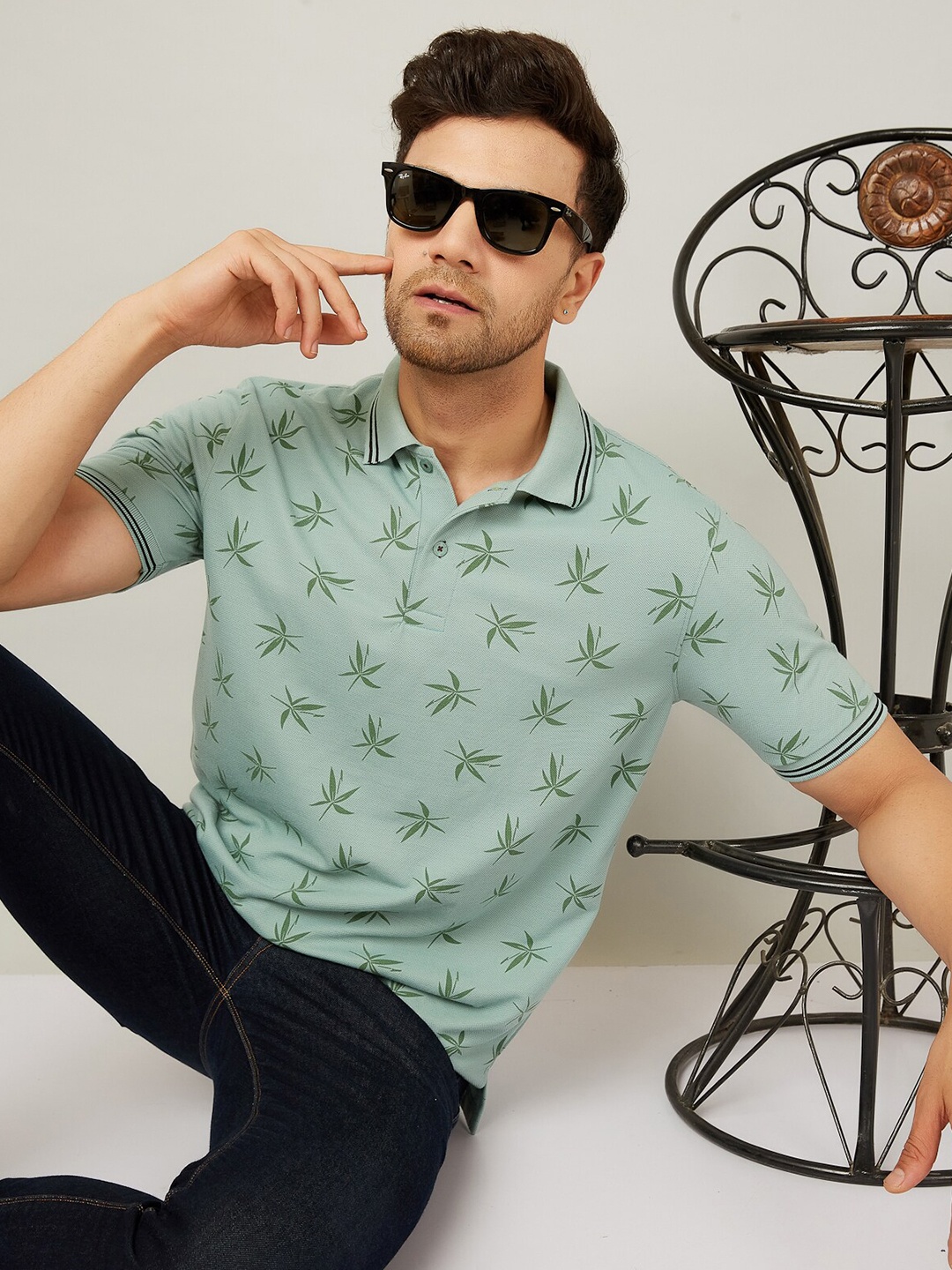 

LOUIS MONARCH Men Printed Polo Collar Extended Sleeves Applique T-shirt, Green