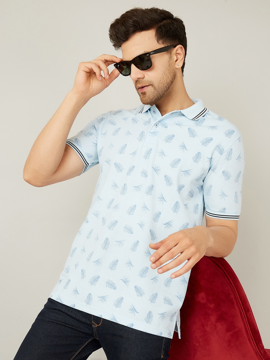 

LOUIS MONARCH Men Floral Printed Polo Collar Raw Edge T-shirt, Blue
