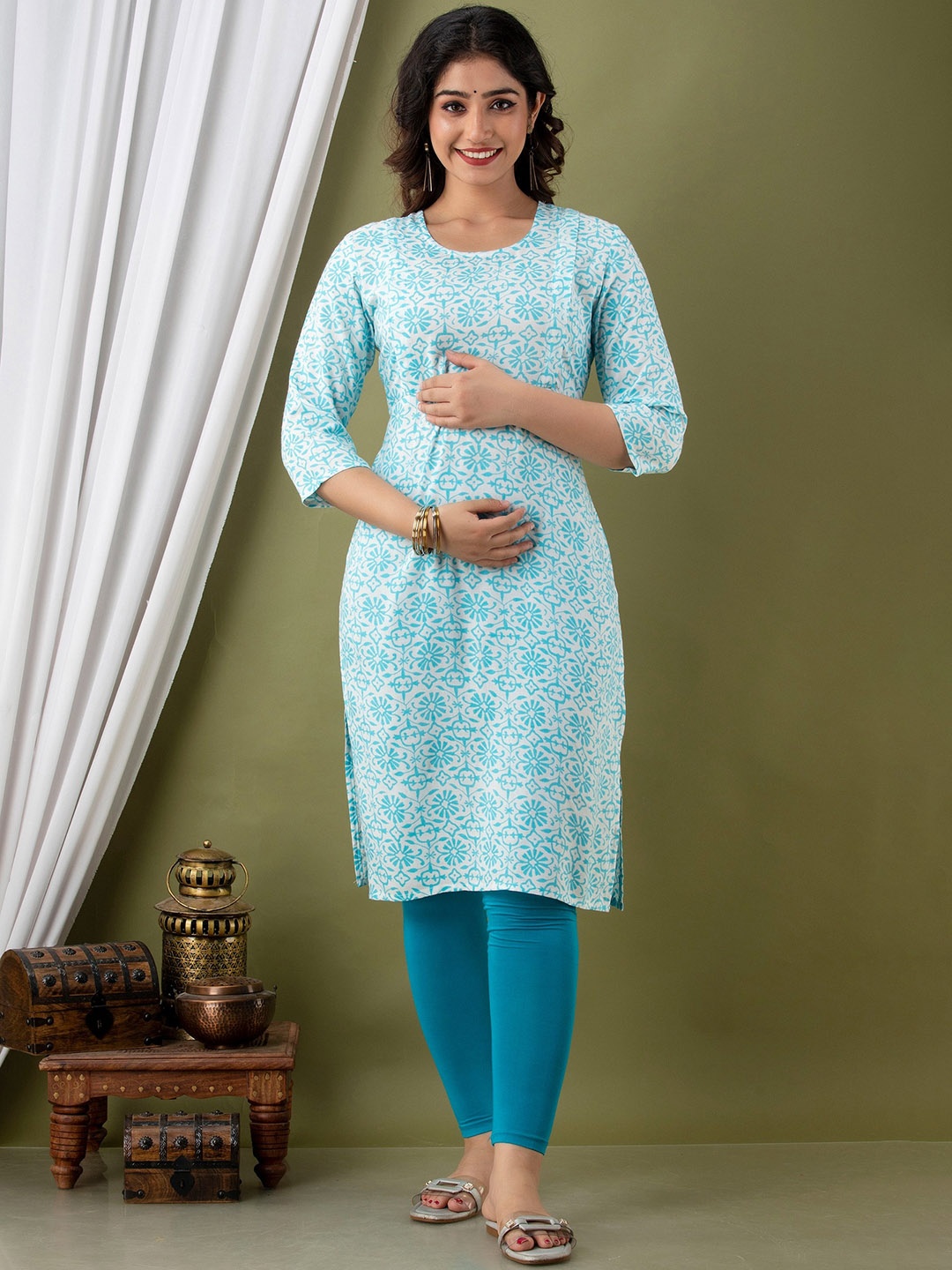 CELEBRAVO Floral Printed Maternity Kurta, Turquoise blue