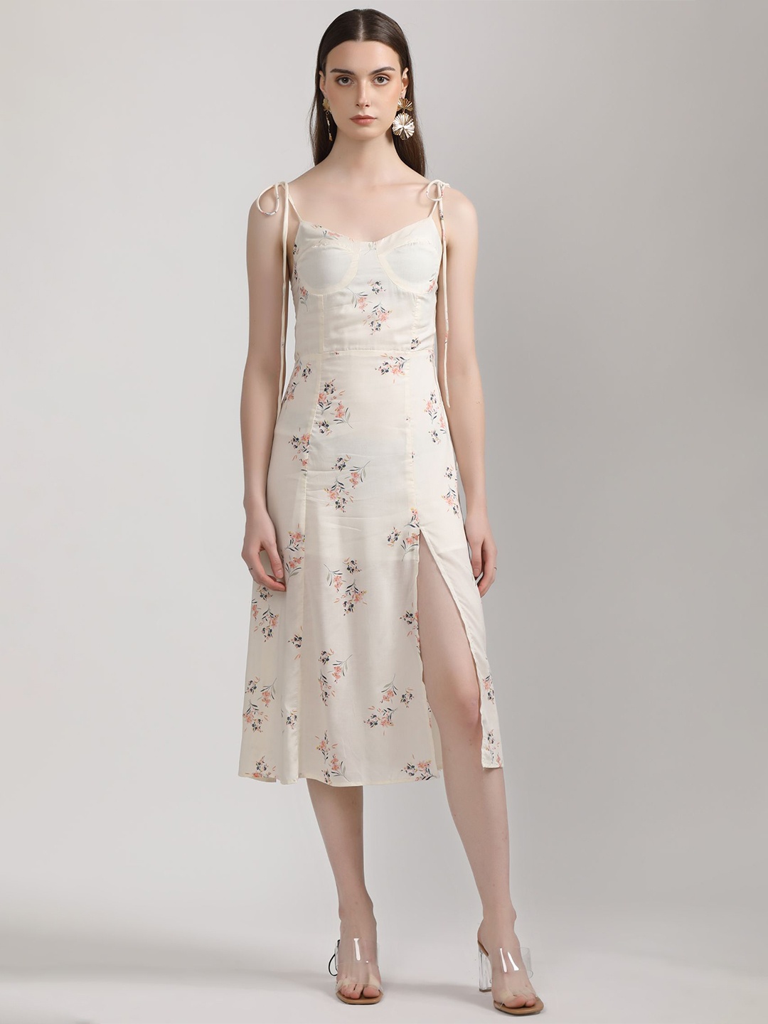 

BOTNIA Floral Printed A-Line Midi Dress, White