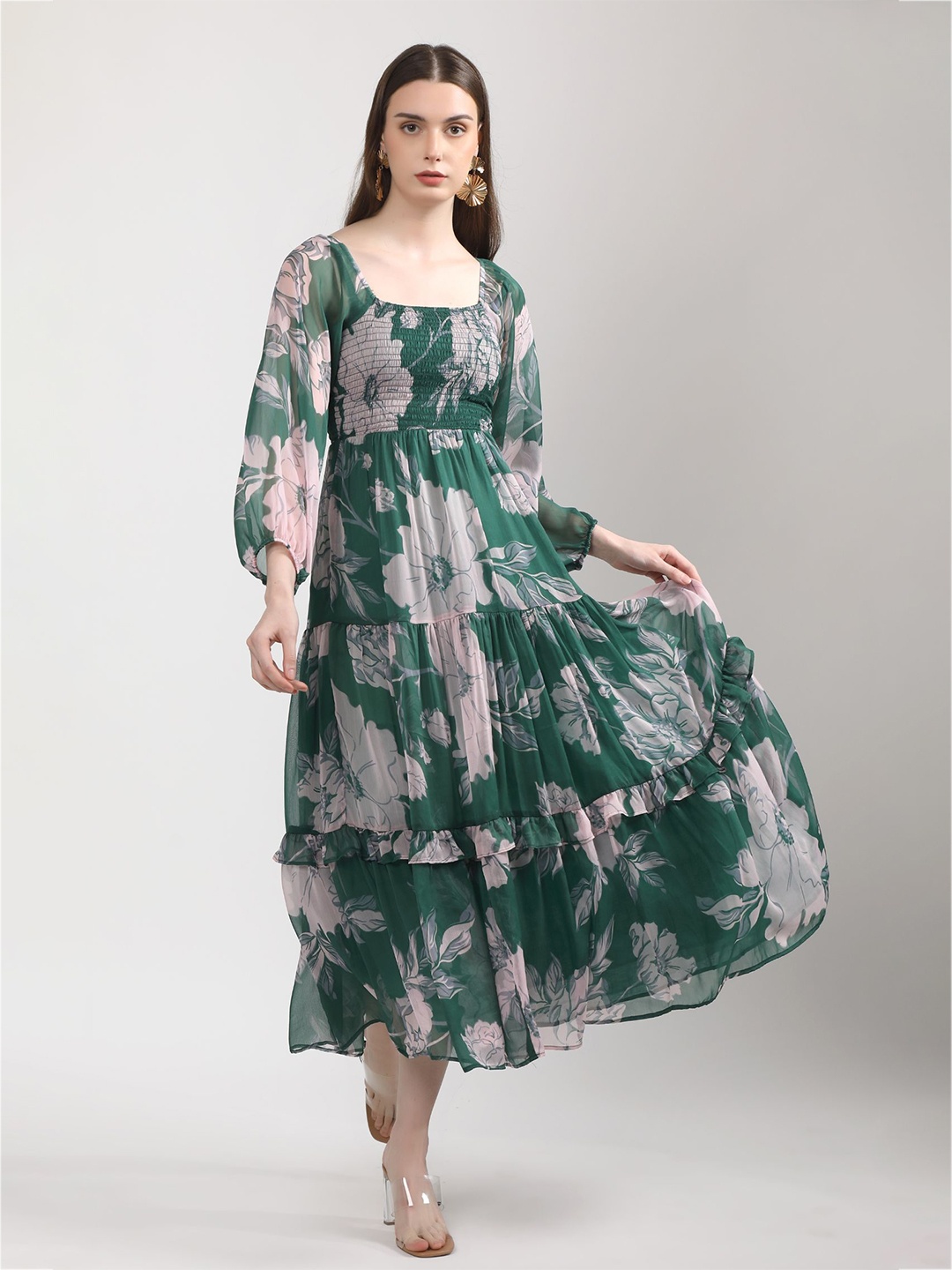 BOTNIA Floral Printed Puff Sleeve Georgette Fit & Flare Midi Dress, Green