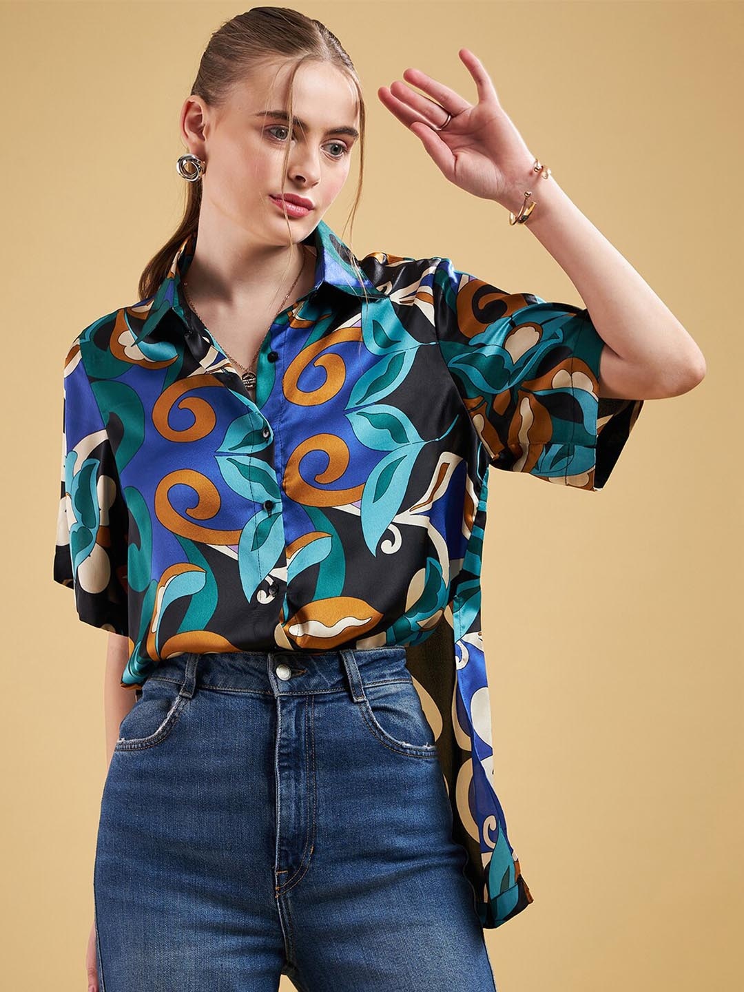 

JUNE & HARRY Women Relaxed Opaque Printed Party Shirt, Black