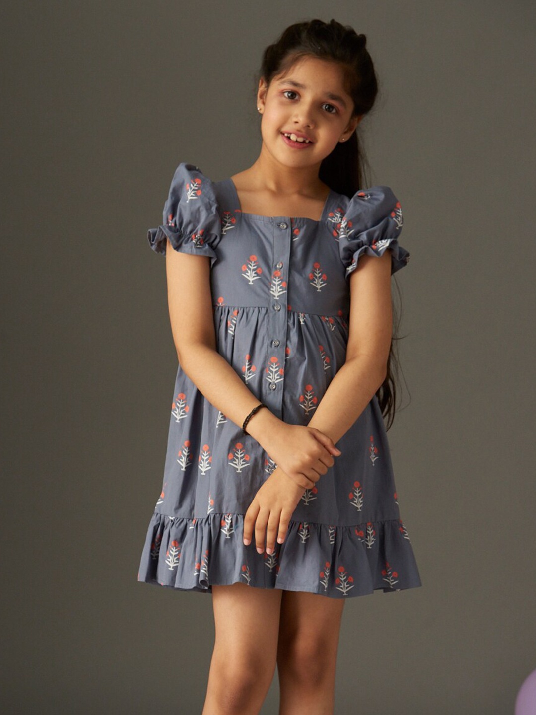 

KidsDew Grey and Pink Floral Print Puff Sleeve Cotton Fit & Flare Kids-Girls Mini Dress