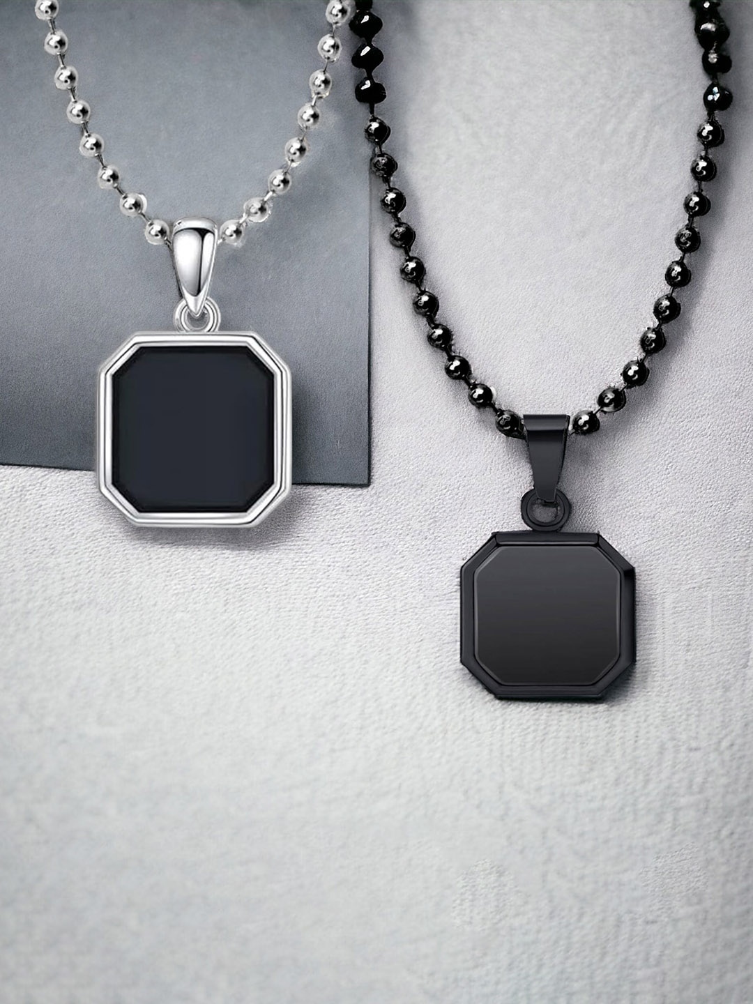 

Okos Set of 2 Rhodium Plated Pendants with Chains, Black
