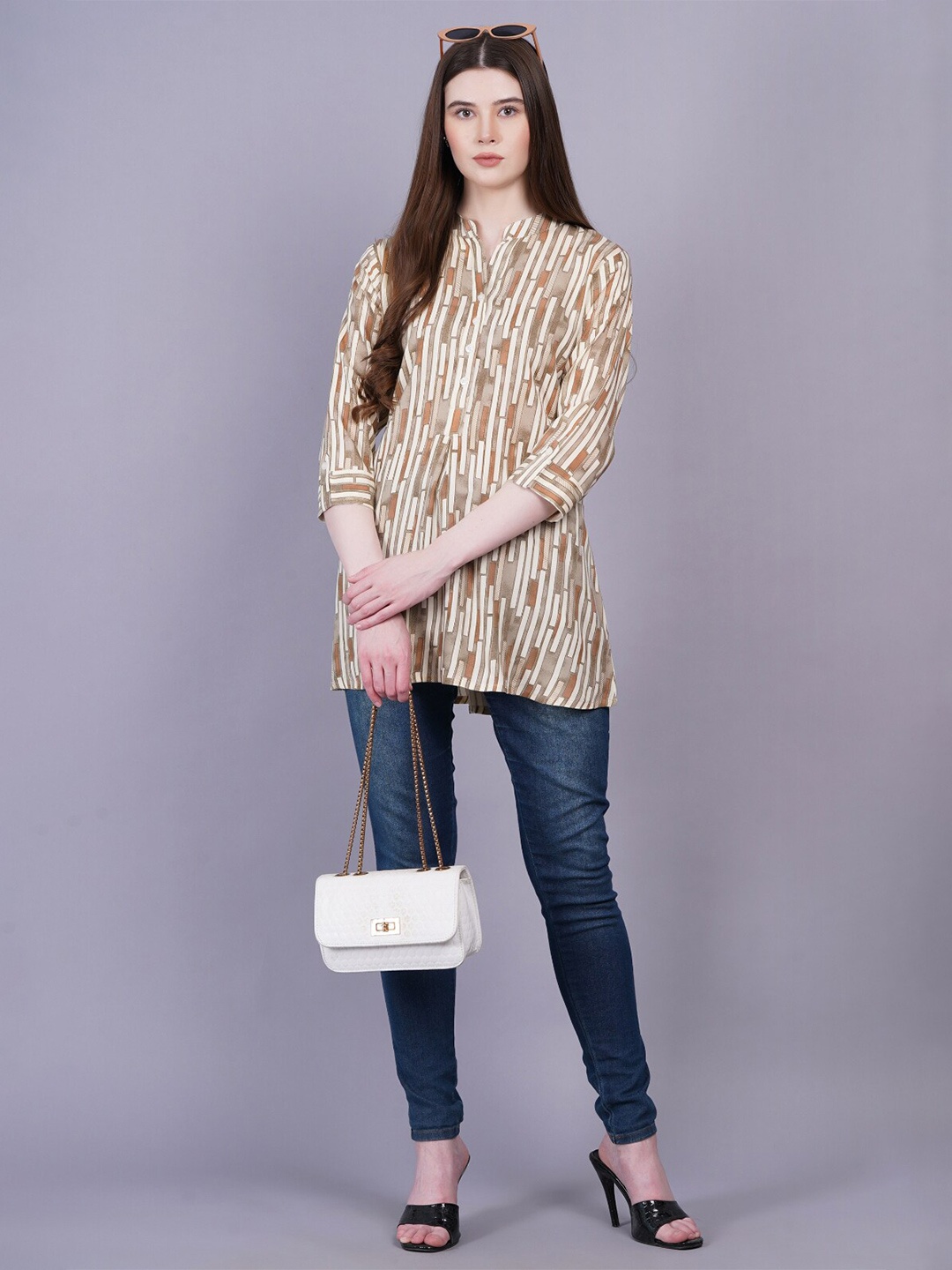 

KALINI Printed Mandarin Collar Tunic, Brown