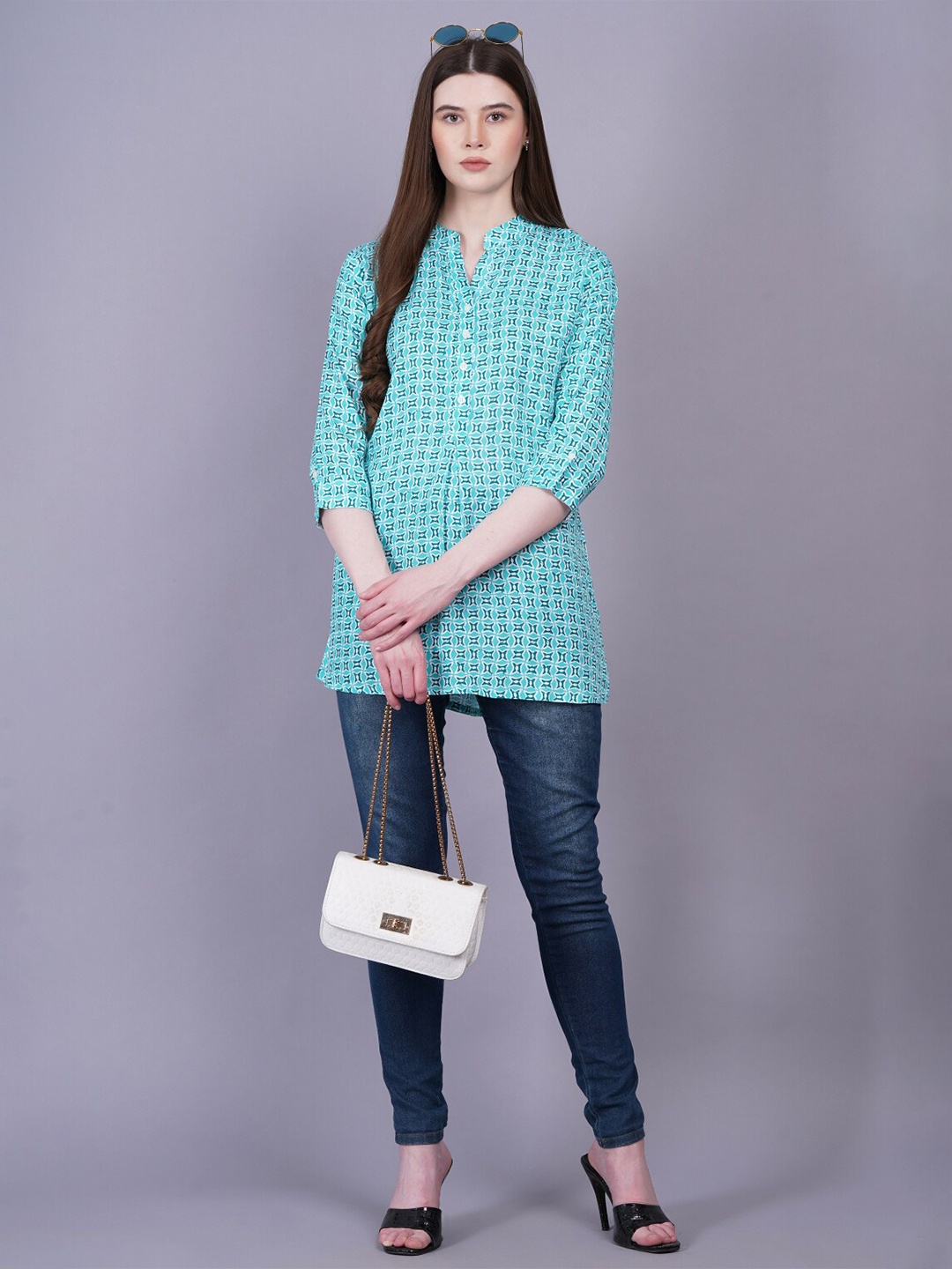 KALINI Printed Mandarin Collar Tunic, Teal