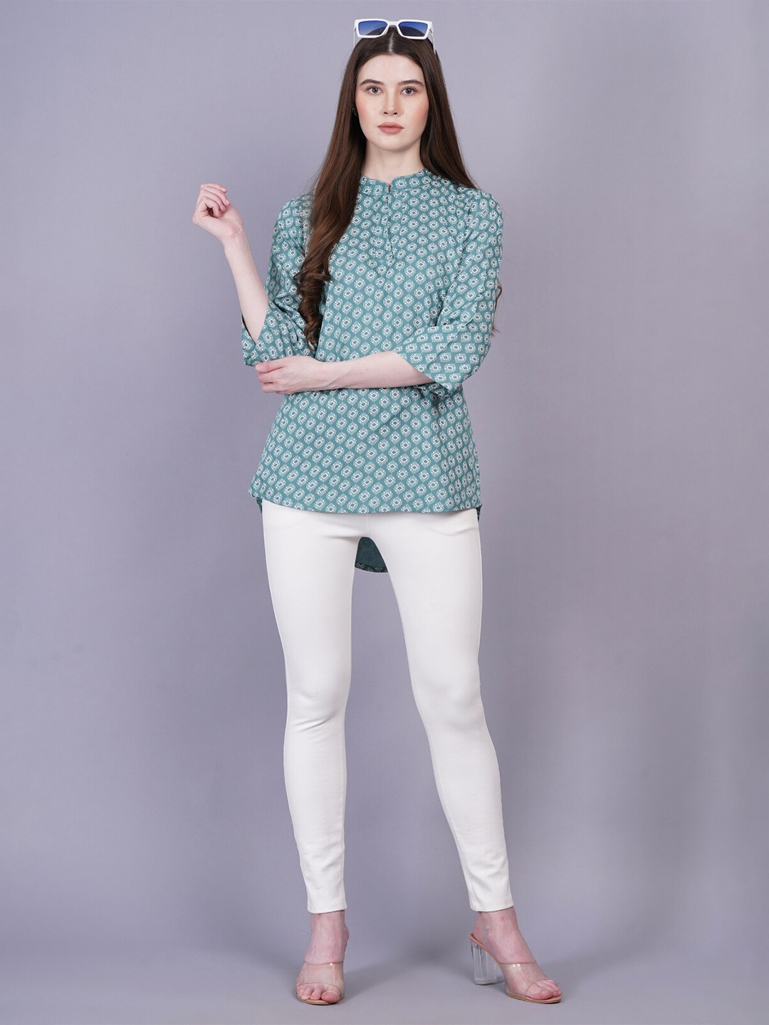 

KALINI Printed Mandarin Collar Tunic, Sea green